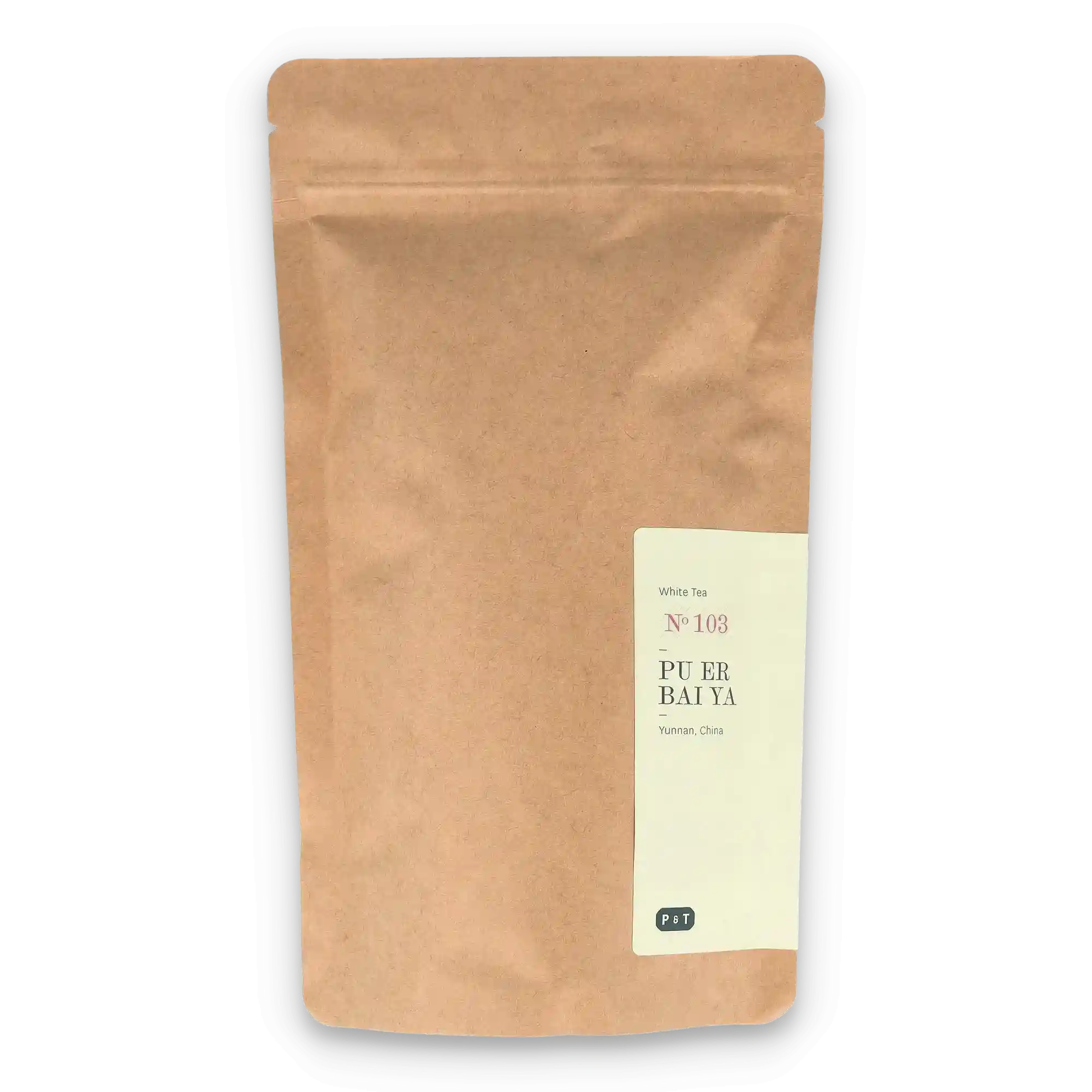 Braune Kraftpapier-Teetüte mit weißem Etikett, Weißer Tee Pu Er Bai Ya aus Yunnan, Marke P & T.
