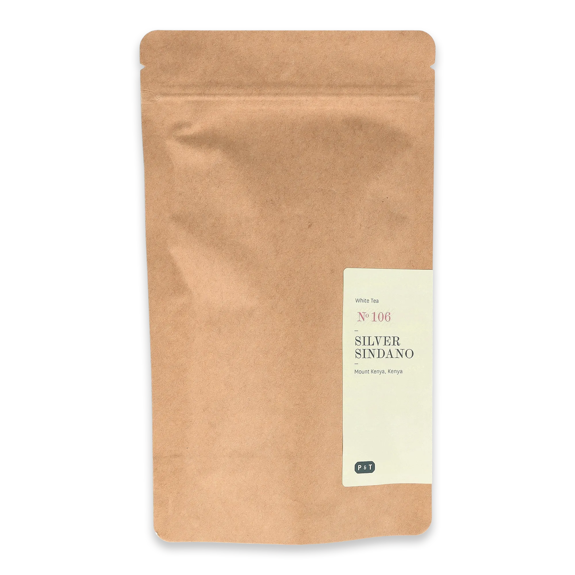Brauner Kraftpapierbeutel mit SILVER SINDANO Weißtee Nr. 106 Aufkleber von P & T, Mount Kenya.