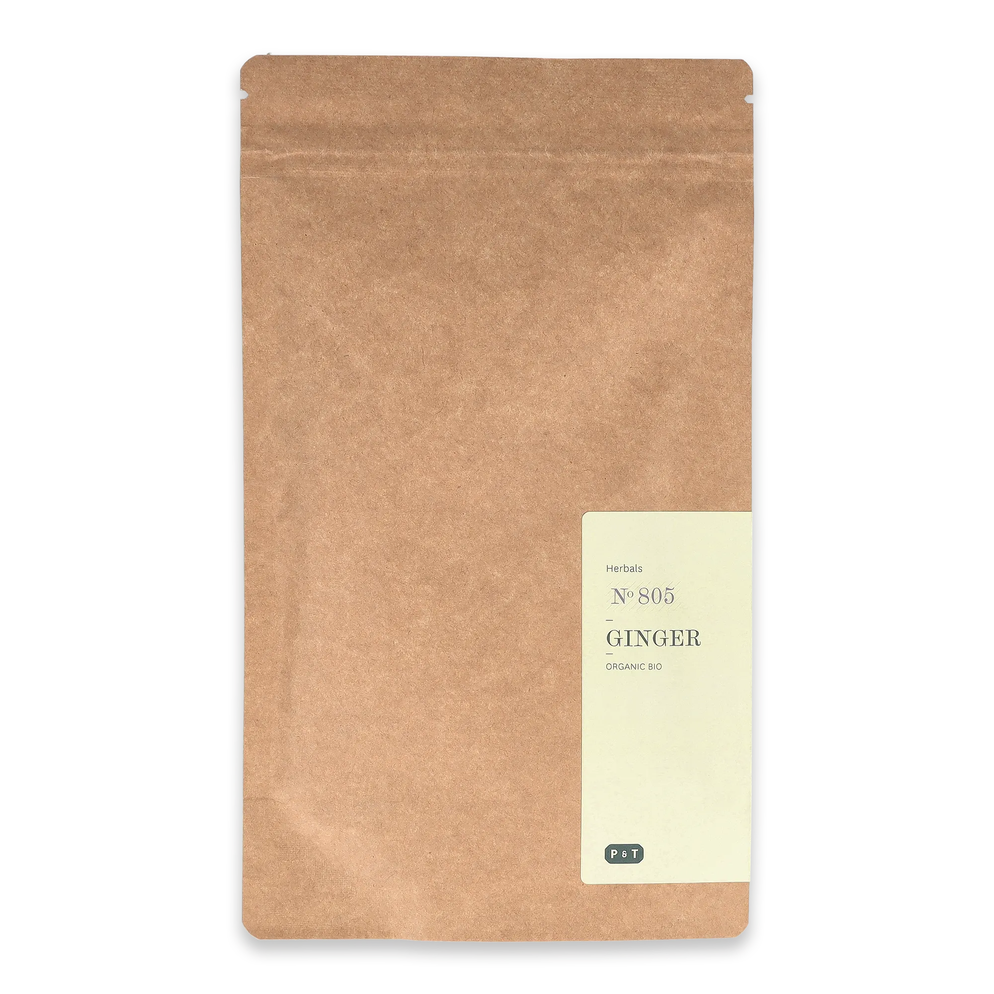 Braune Kraftpapierpackung mit Bio-Ingwer-Kräutertee von Paper & Tea.