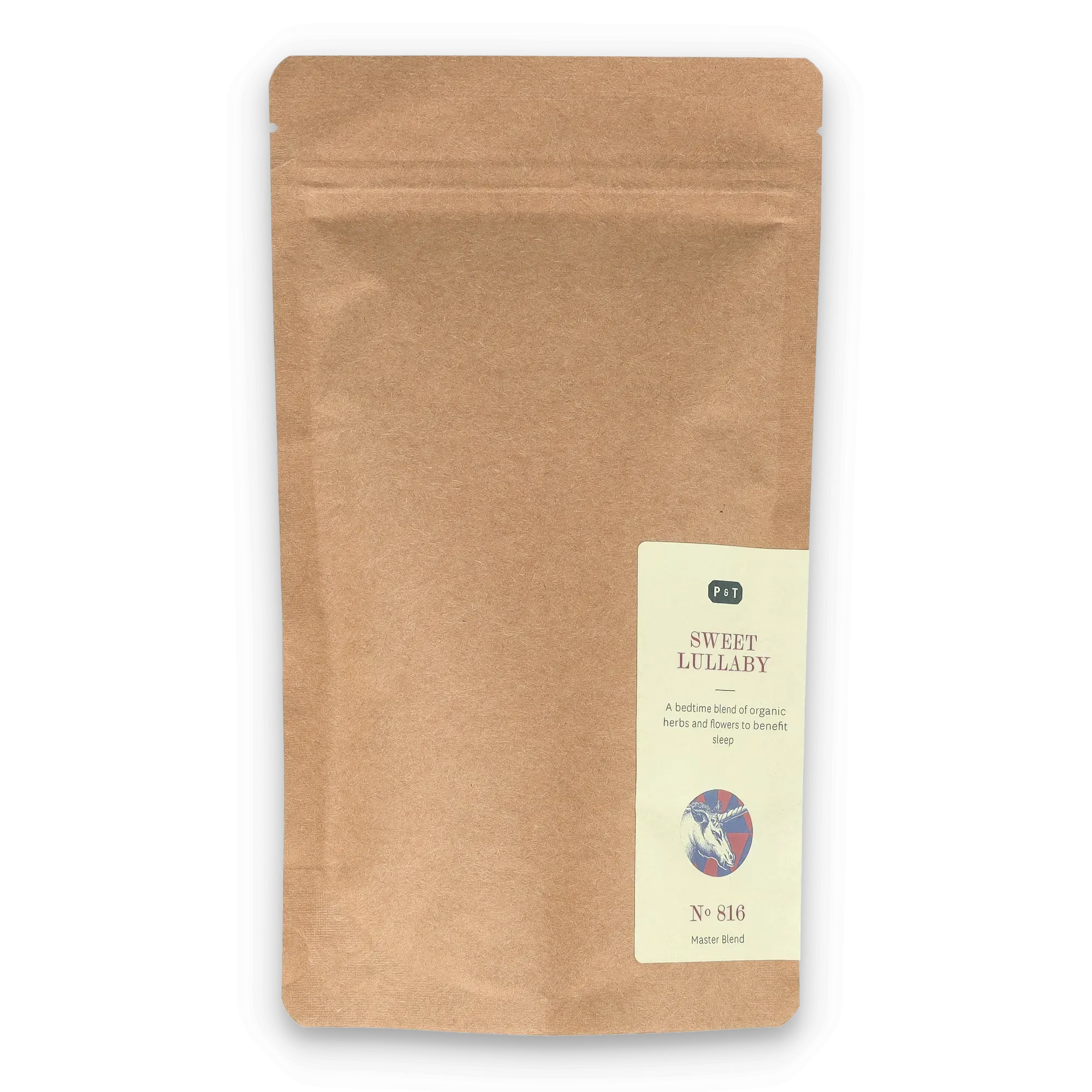 Braune Kraftpapier-Tüte mit schwarzem Zip-Verschluss, P & T SWEET LULLABY Label mit Einhorn-Illustration.