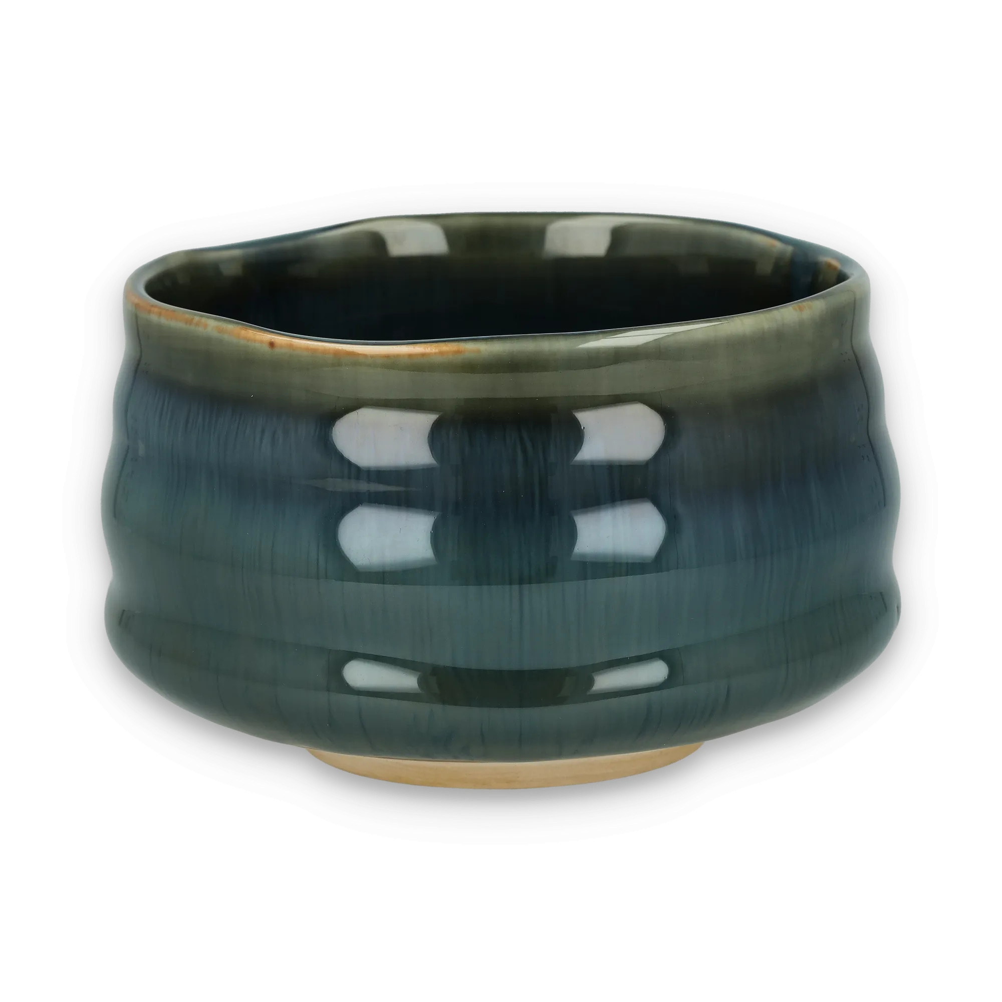 Dunkelgrüne handgefertigte Keramikschale mit glänzender Oberfläche und hellem Rand, braune Akzente
