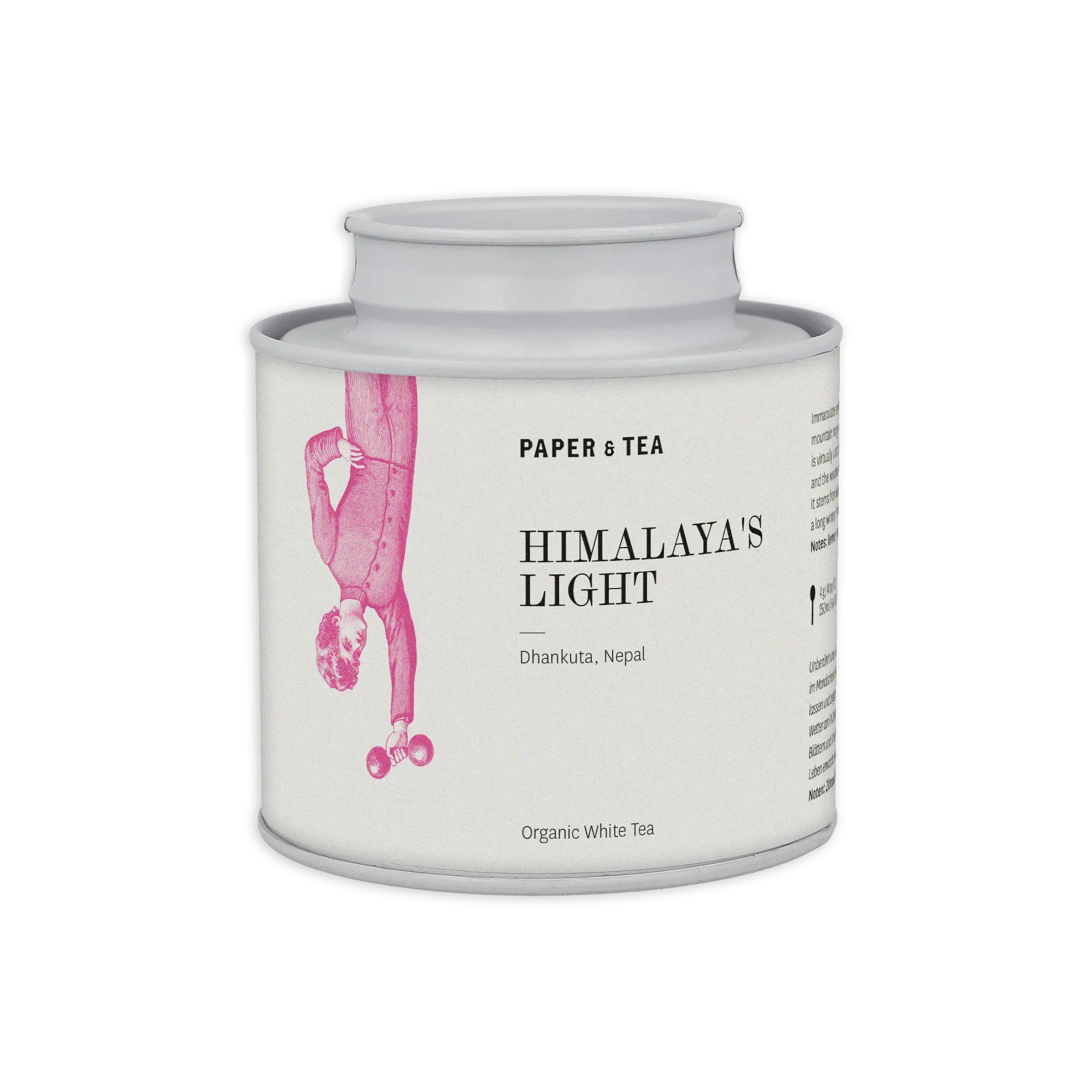 Weißes zylindrisches Teedöschen mit minimalistischem Label und pinkfarbener Himalaya-Illustration.