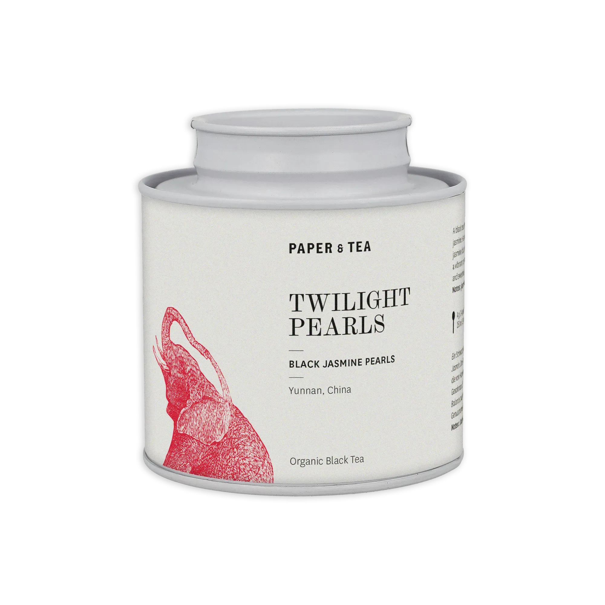 Weißer Teeaufbewahrungsbehälter mit rotem Elefantenkopf und Aufschrift Twilight Pearls, Jasmintee