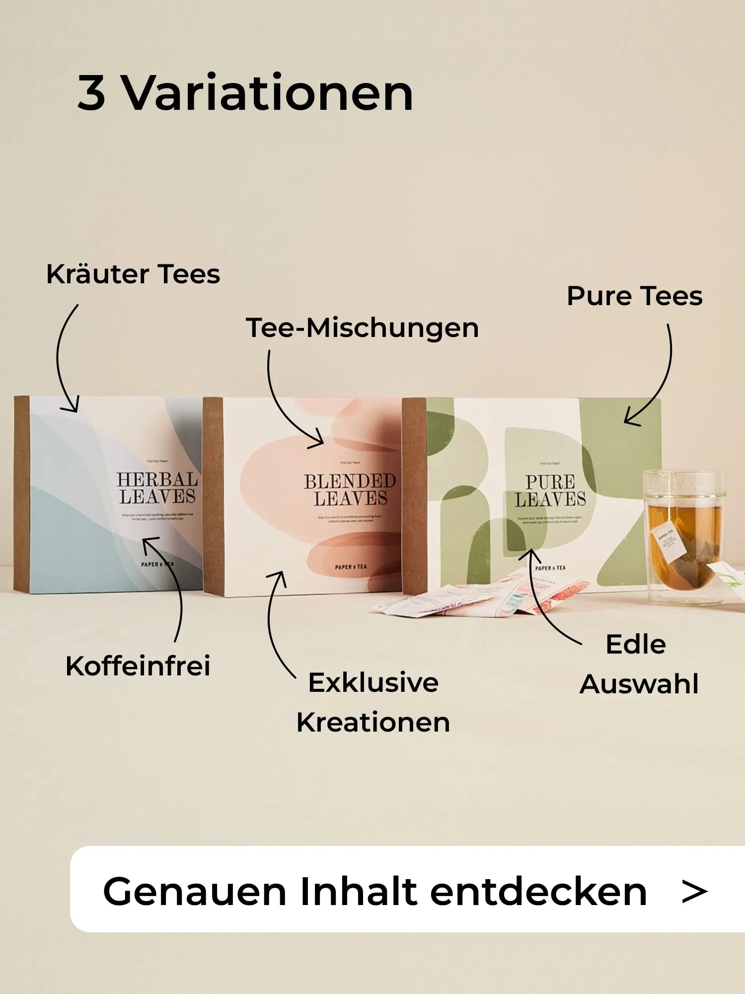 Drei pastellfarbene Teeboxen von PAPER & TEA für Kräuter-, Misch- und reine Teeblätter.