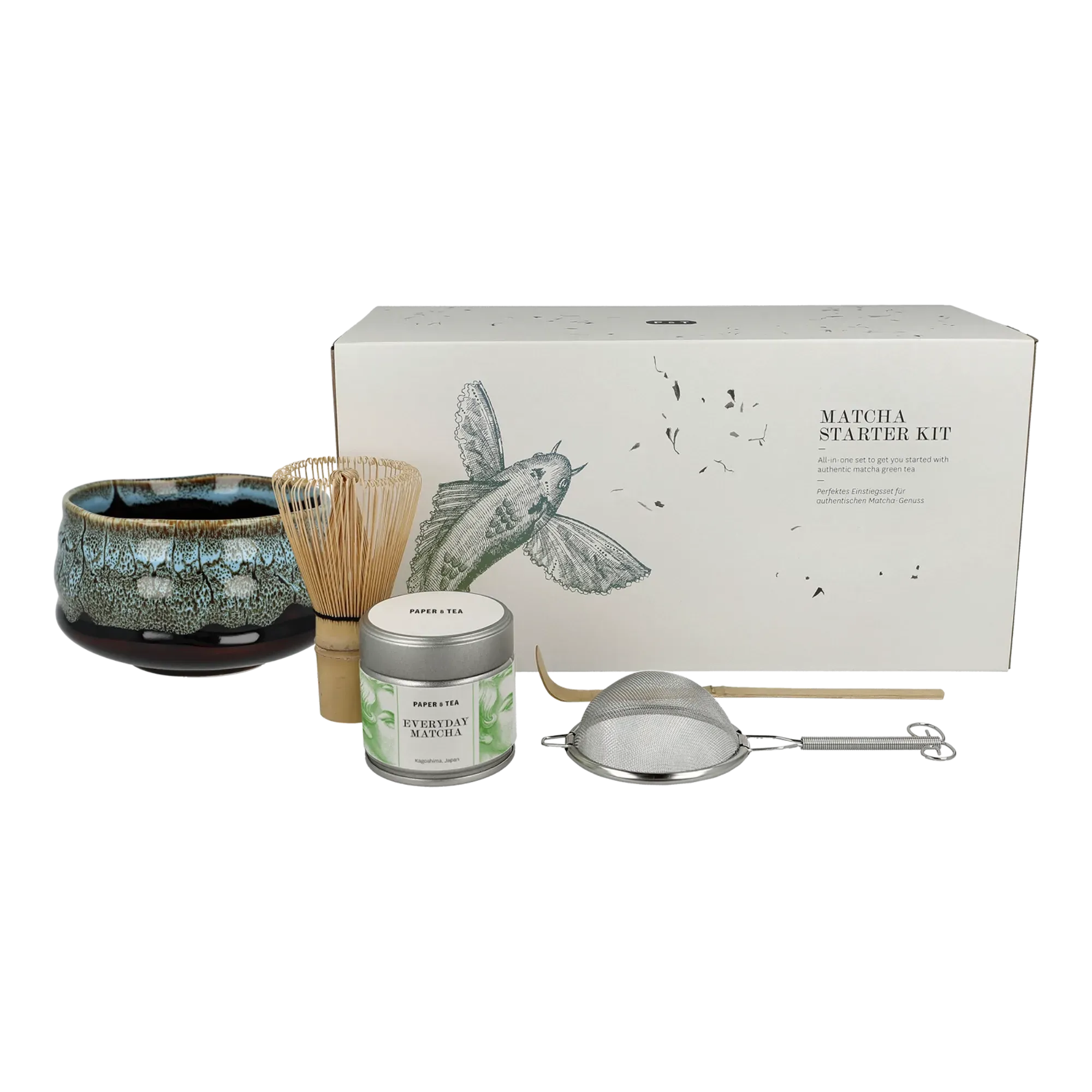 Matcha-Starterkit mit Dose aus Kagoshima, Keramikschale, Bambusbesen, Sieb und Bambuslöffel.