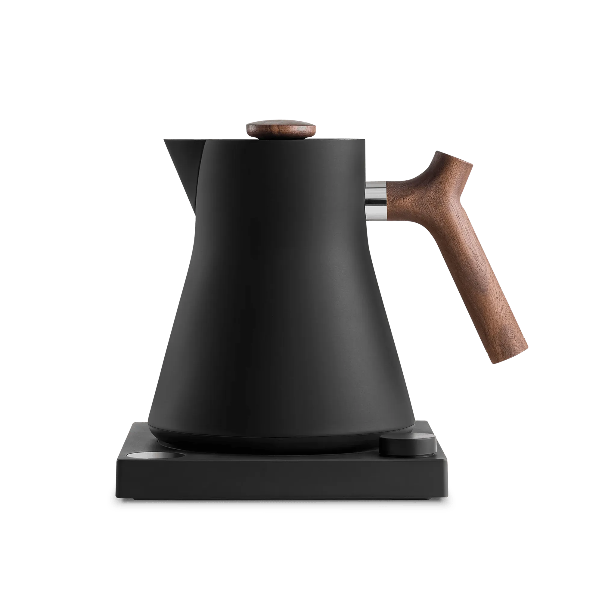Moderner, schwarzer Wasserkocher mit mattem Finish und ergonomischem Holzgriff auf quadratischer Basis