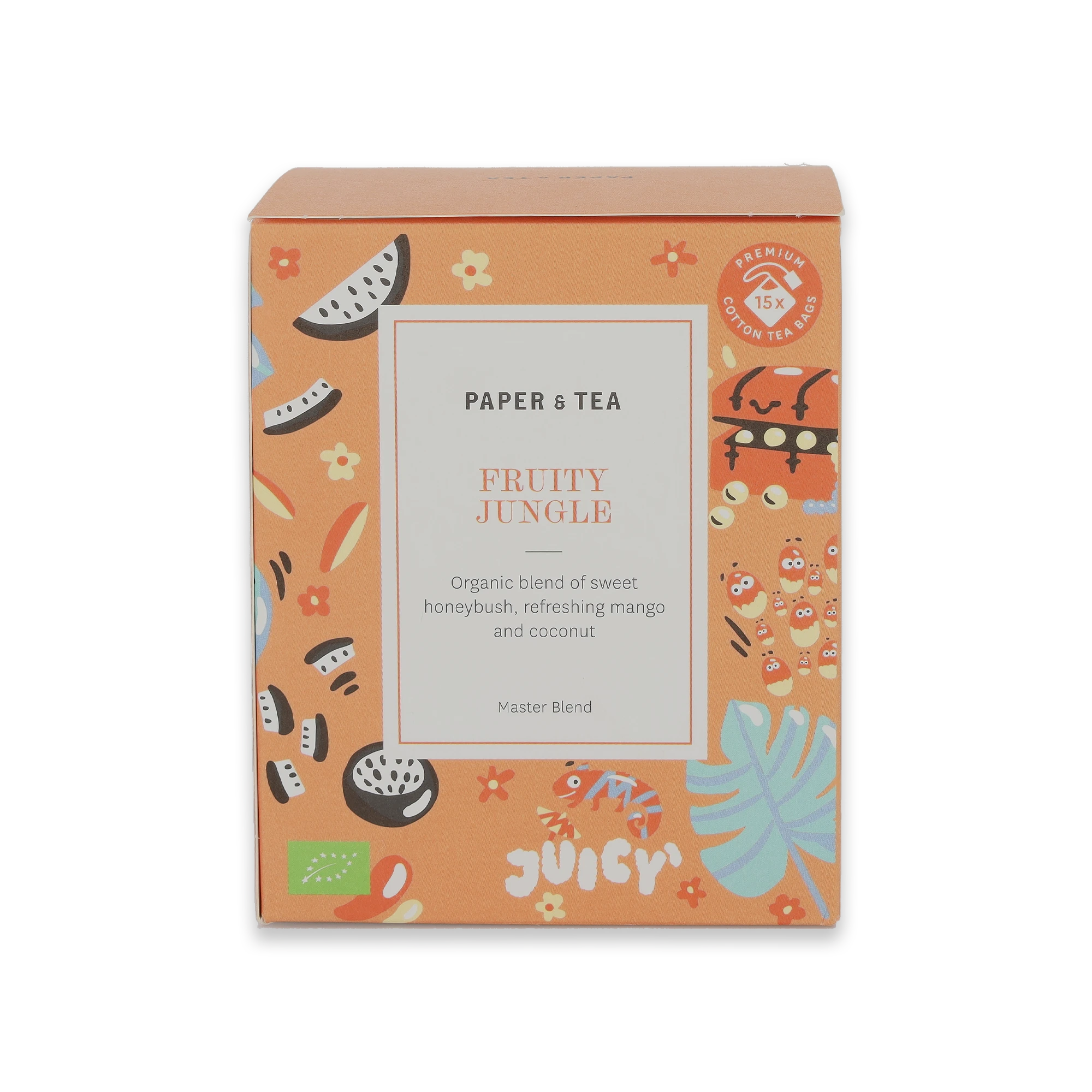 Orangefarbene Tee-Verpackung 'Fruity Jungle' mit Bio-Honeybush, Mango und Kokosnuss, 15 Baumwollbeutel.