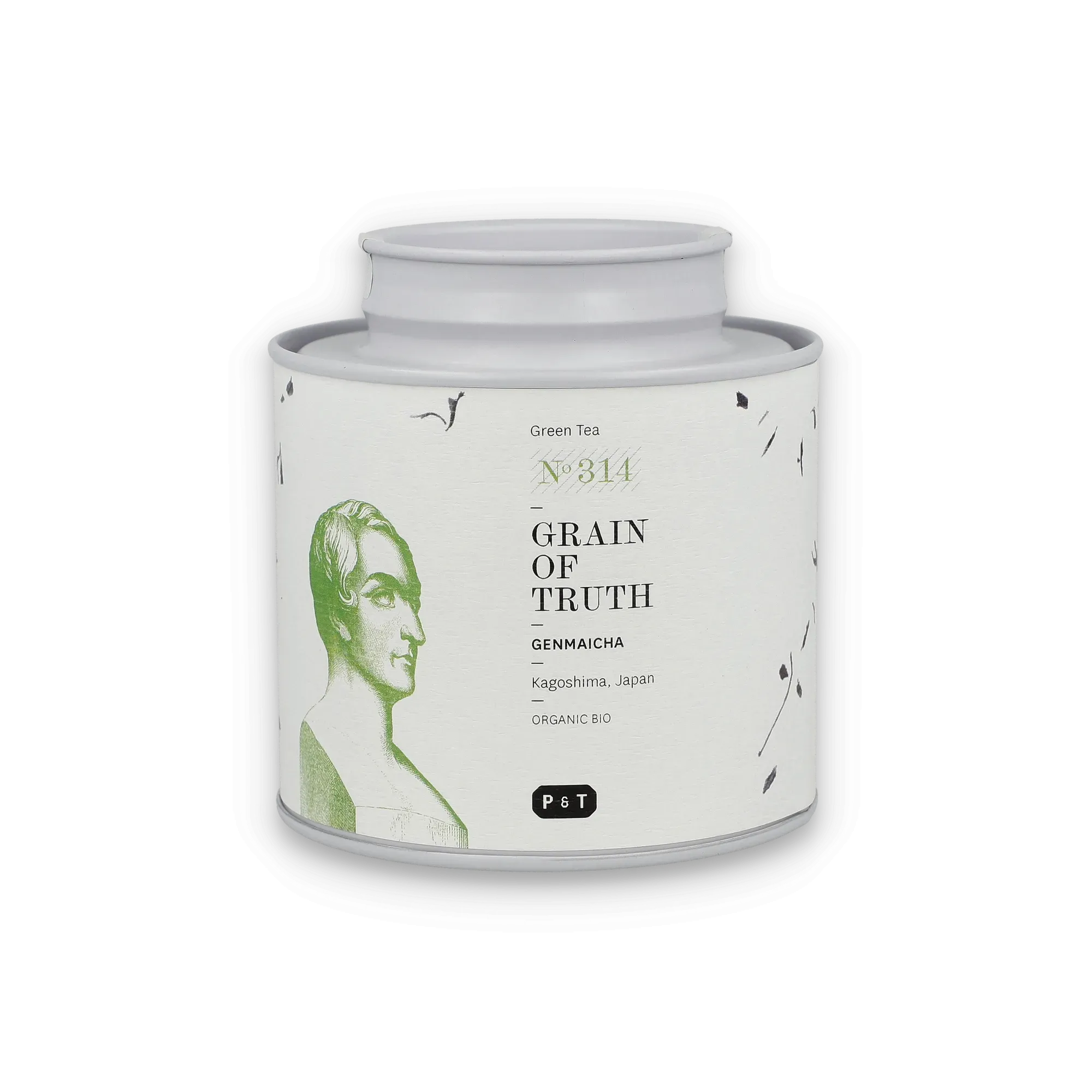 Weiße Teedose mit grüner Büstenillustration und Aufschrift Genmaicha Bio Grüntee aus Kagoshima