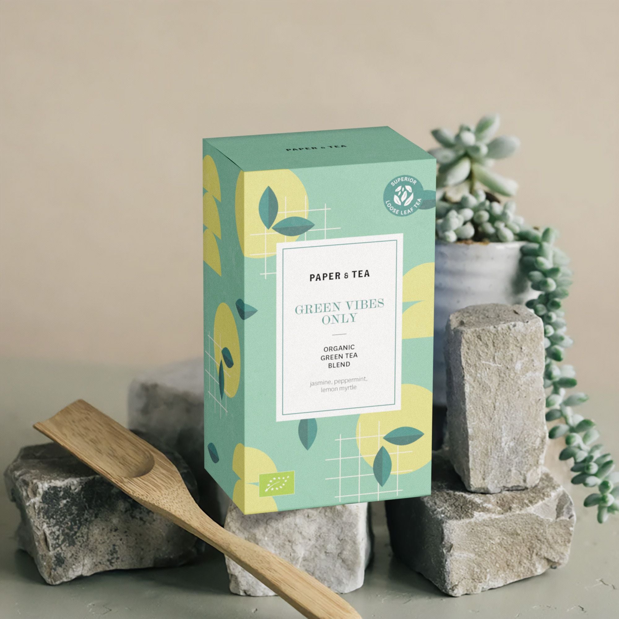Grün-gemusterte Teebox von PAPER & TEA mit Bio-Grüntee und Holztee-Schaufel auf Steinen neben Sukkulente.