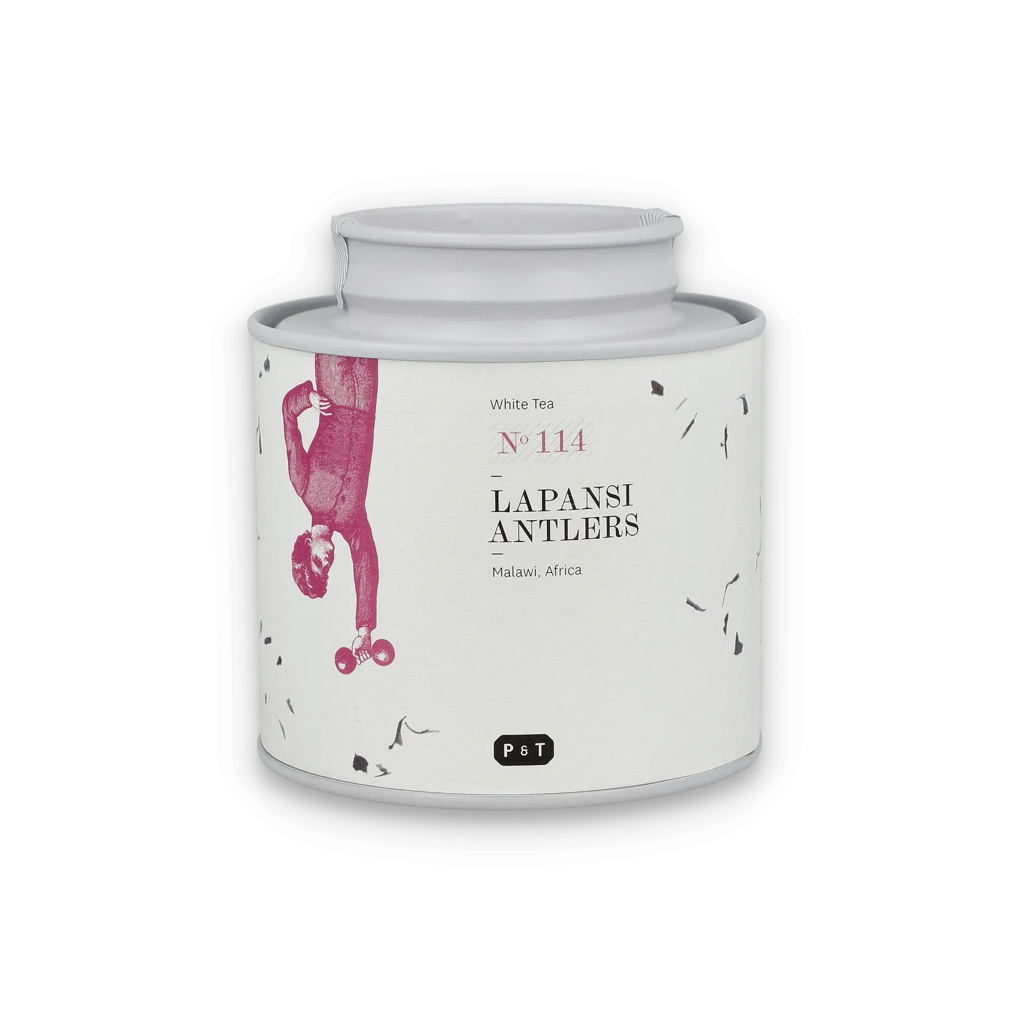 Weißer Teebehälter mit minimalistischem 'LAPANSI ANTLERS' Etikett aus Malawi, rotes Hantelmotiv, P & T Logo.