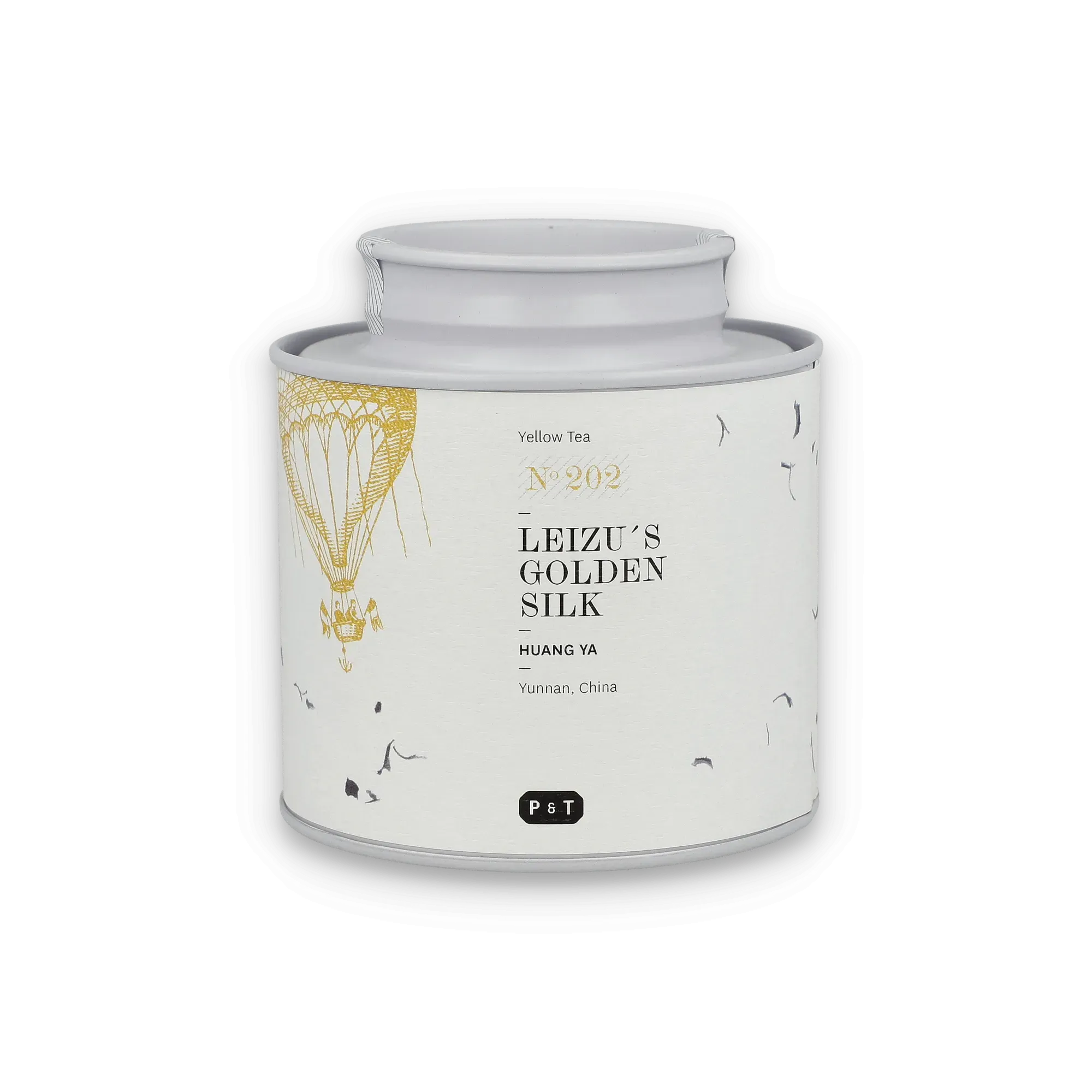 Weißer Teebehälter mit goldener Heißluftballon-Illustration, Text: Yellow Tea No 202 LEIZU'S GOLDEN SILK HUANG YA Yunnan China