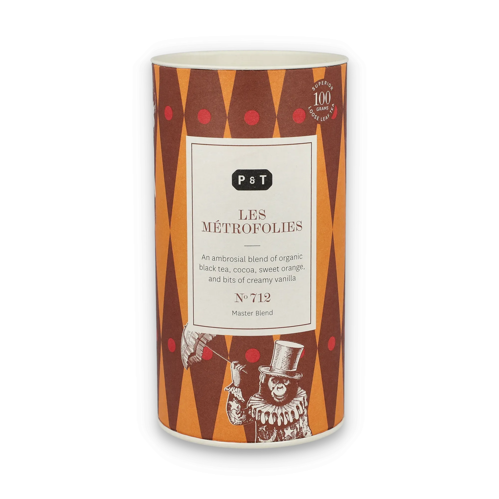Elegante, zylindrische Teedose mit Diamantmuster und Etikett für P & T LES MÉTROFOLIES Bio-Schwarztee.