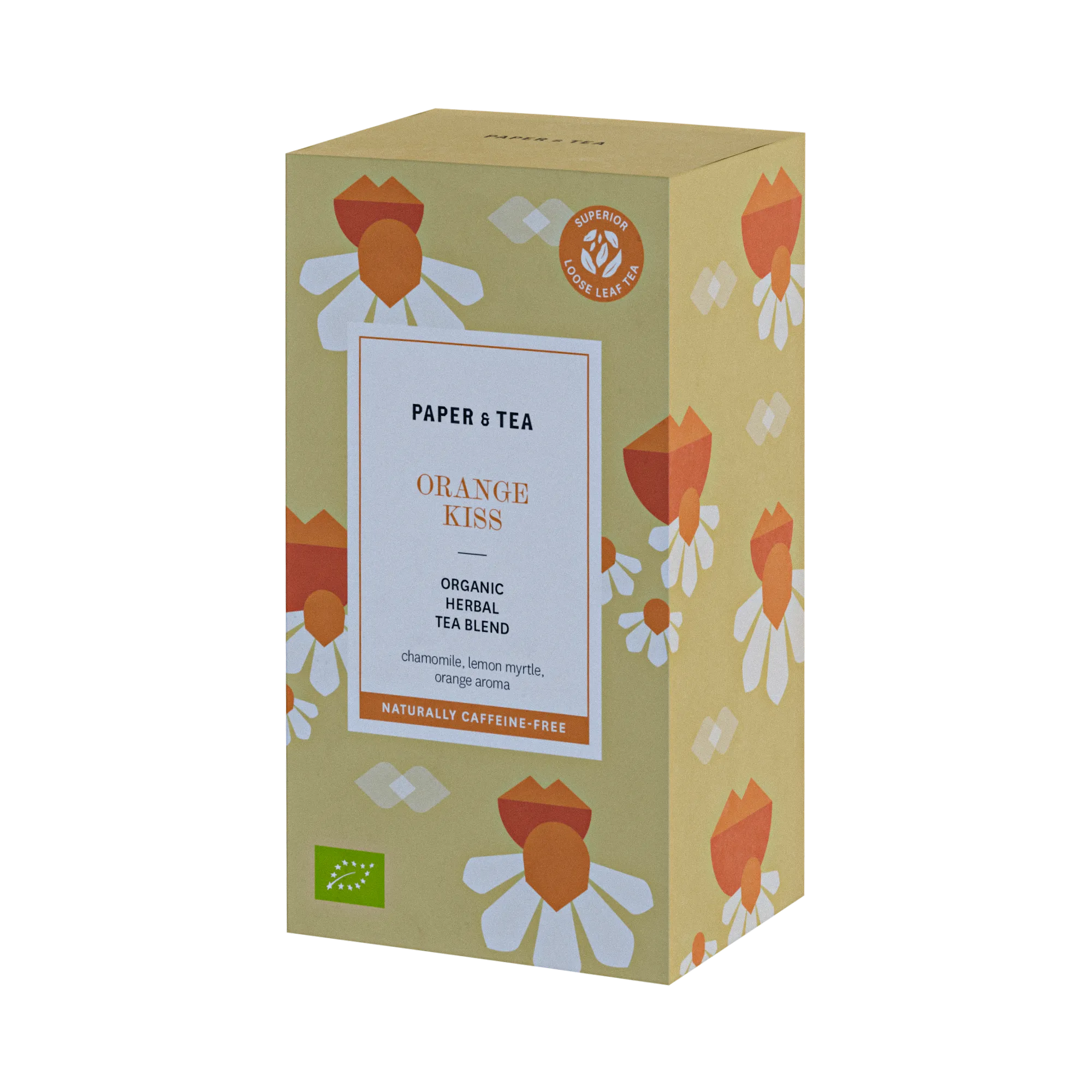Gelbe Verpackung des ORANGE KISS Kräutertees von PAPER & TEA mit Blumenmuster und Bio-Zertifikat.