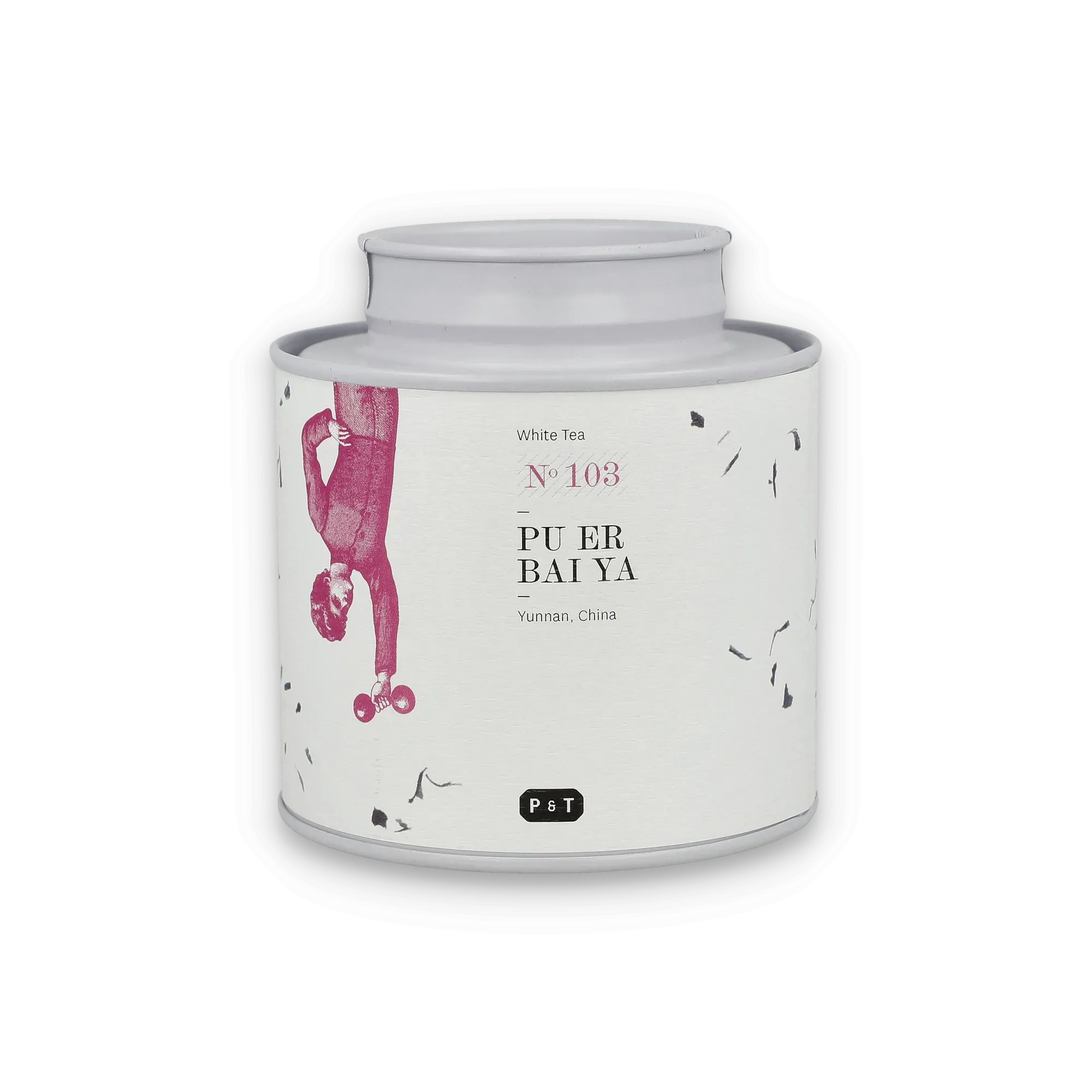 Weißer Tee in weißer Dose mit lila Pu Er Bai Ya Illustration aus Yunnan, China.