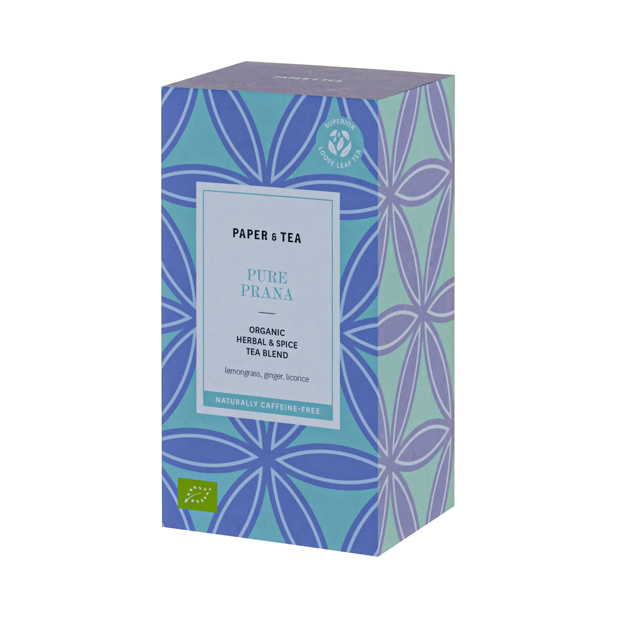 Rechteckige Teeschachtel mit blau-grünem Blumenmuster, Paper & Tea Pure Prana Bio-Kräutertee, koffeinfrei