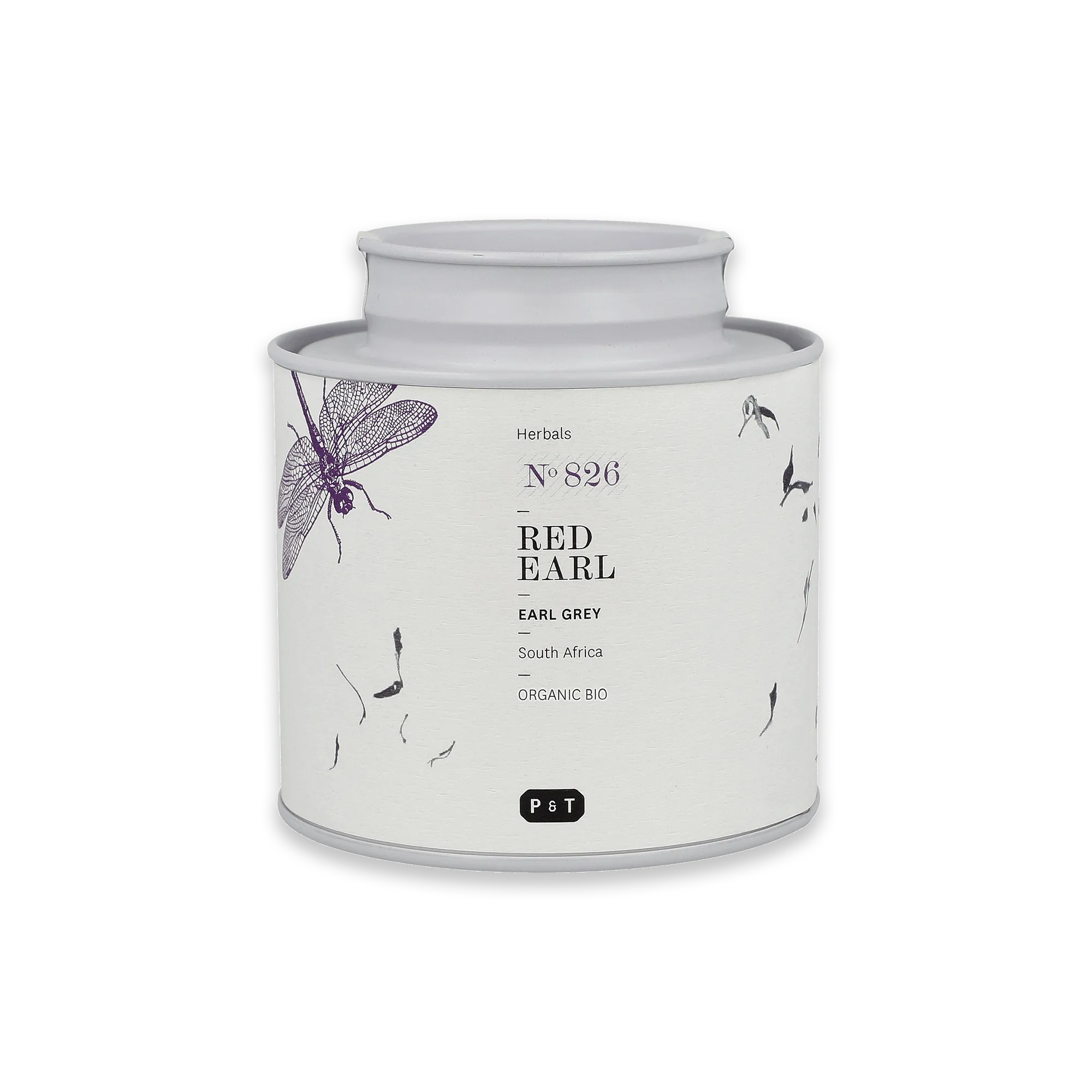 Weißer Teebehälter mit Libellen-Etikett, organischer Kräutertee Red Earl Earl Grey.