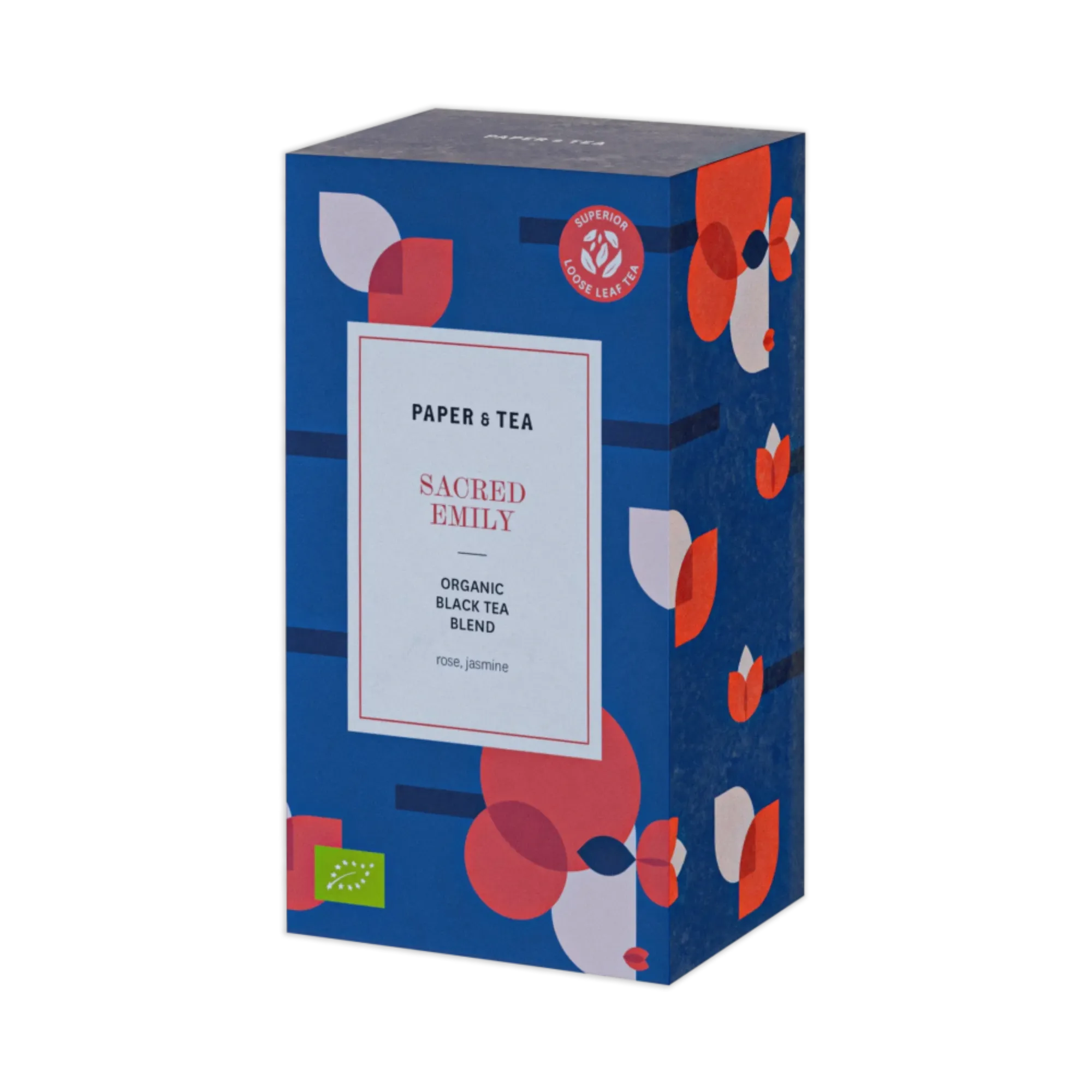 Packung Bio Schwarzer Tee 'Sacred Emily' mit abstrakten Blumenmustern und rotem Siegel.