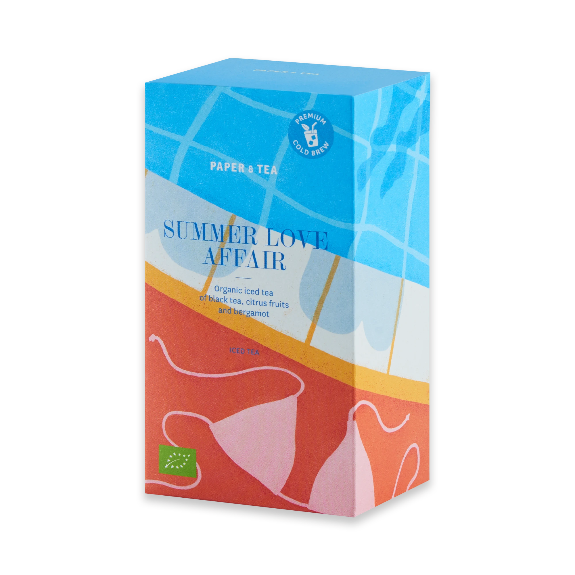 Bunte Verpackung für Paper & Tea SUMMER LOVE AFFAIR Bio-Eistee mit schwarzem Tee und Zitrusfrüchten.