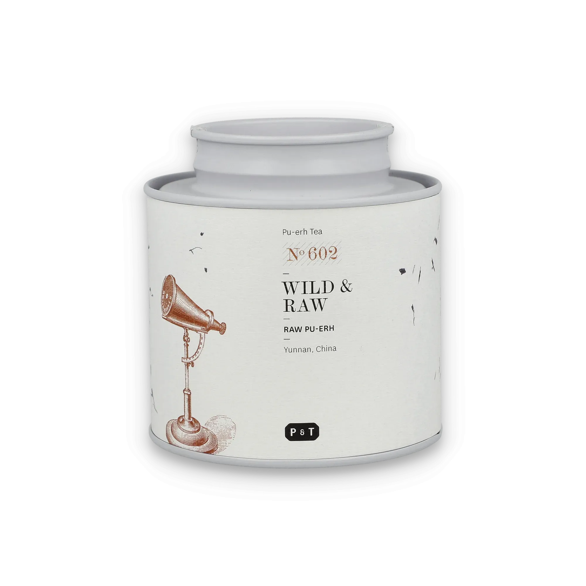 Zylindrische Dose mit weißem Etikett und Vintage-Illustration, Pu-erh Tee Nr. 602 aus Yunnan, China.