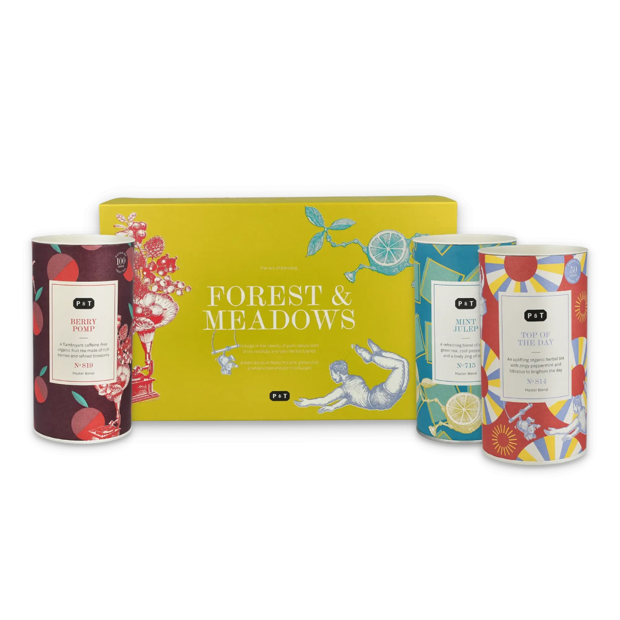 FOREST & MEADOWS Teebox mit drei P & T Teedosen: BERRY POMP, MINT JULEP, TOP OF THE DAY Bio-Kräutertees