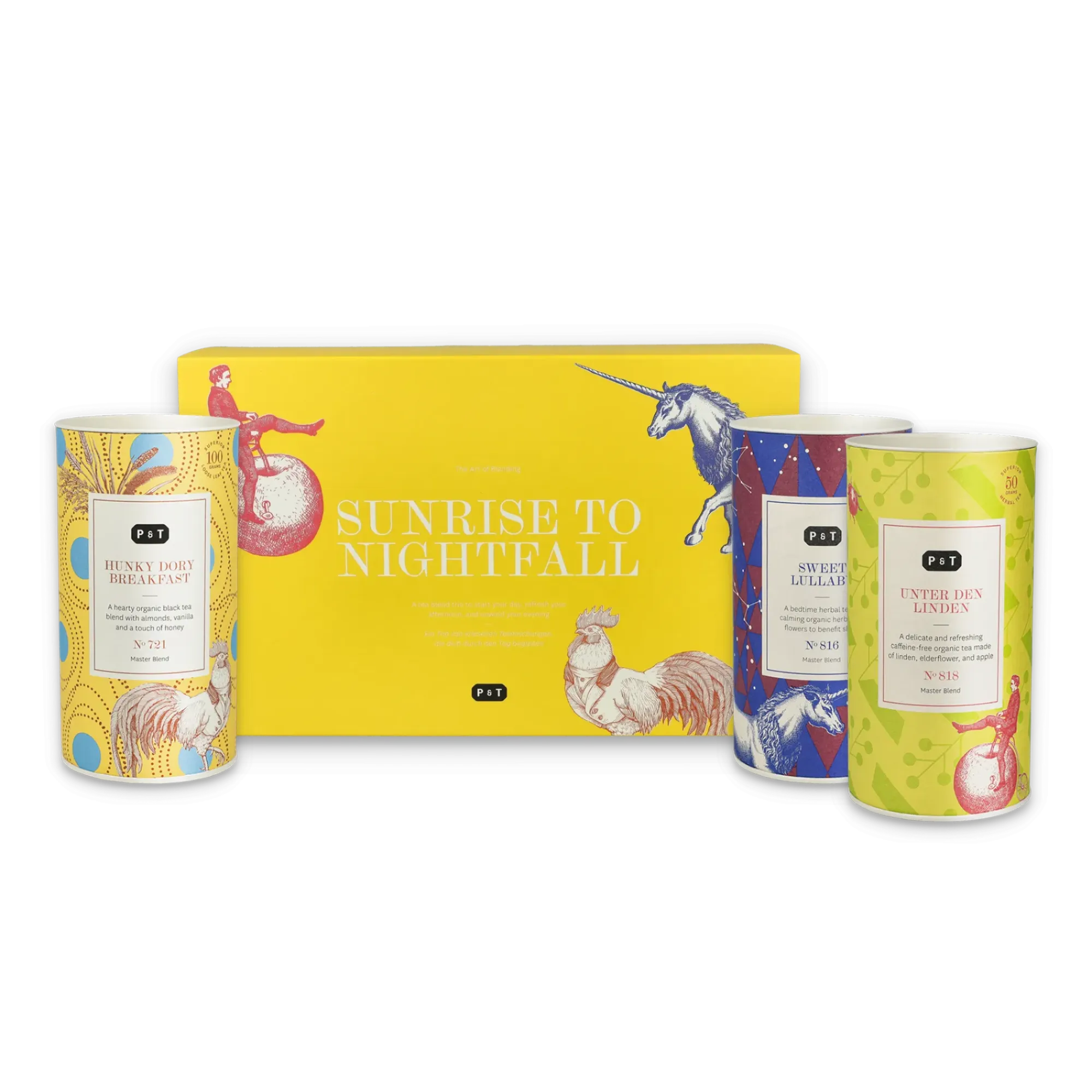 Buntes Paper & Tea Geschenkset, gelbe Box 'SUNRISE TO NIGHTFALL', drei Zylinderdosen Bio-Teemischungen.