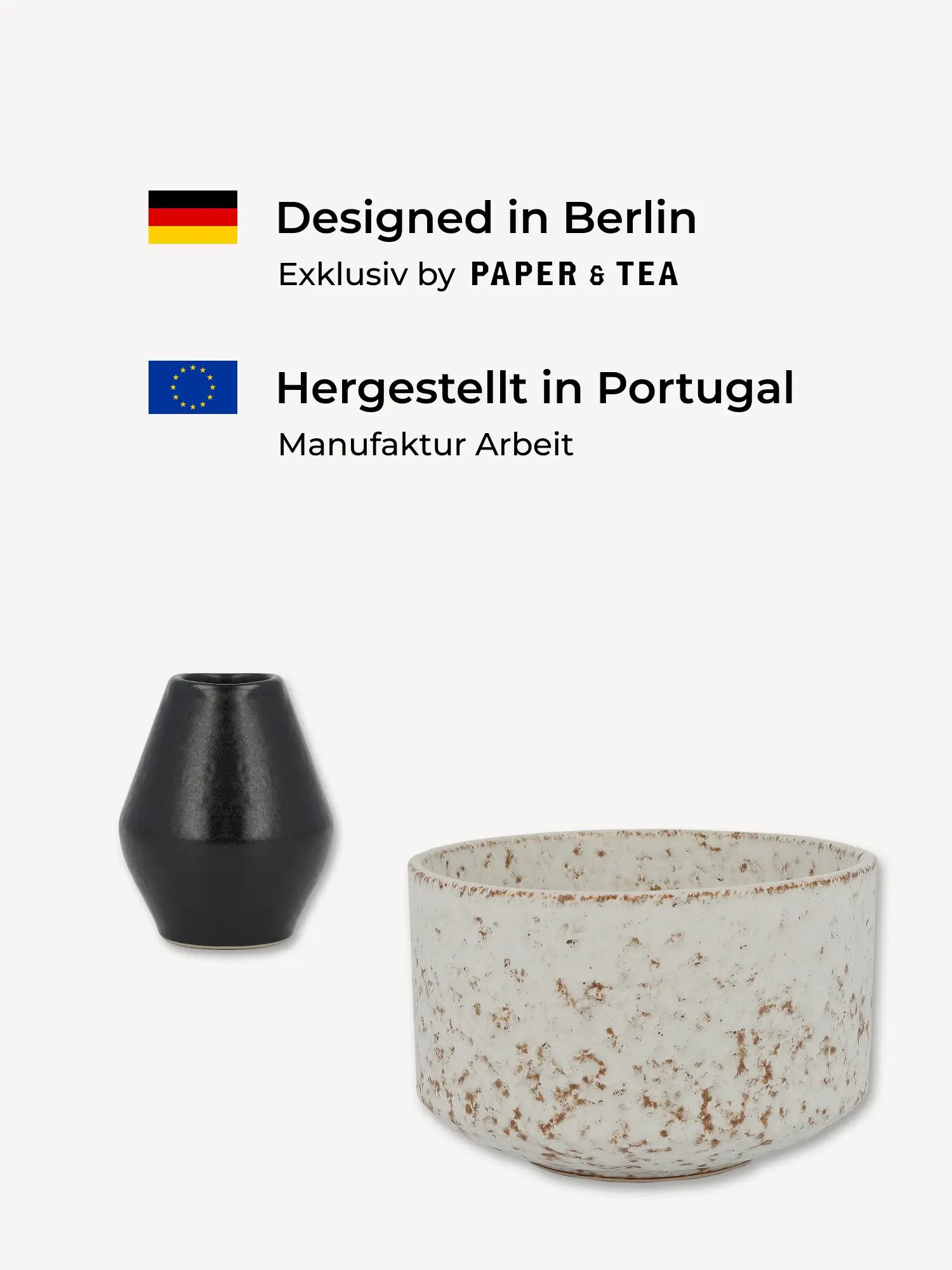 Schwarze geometrische Keramikvase und braun gesprenkelte Schale, Design in Berlin, gefertigt in Portugal.