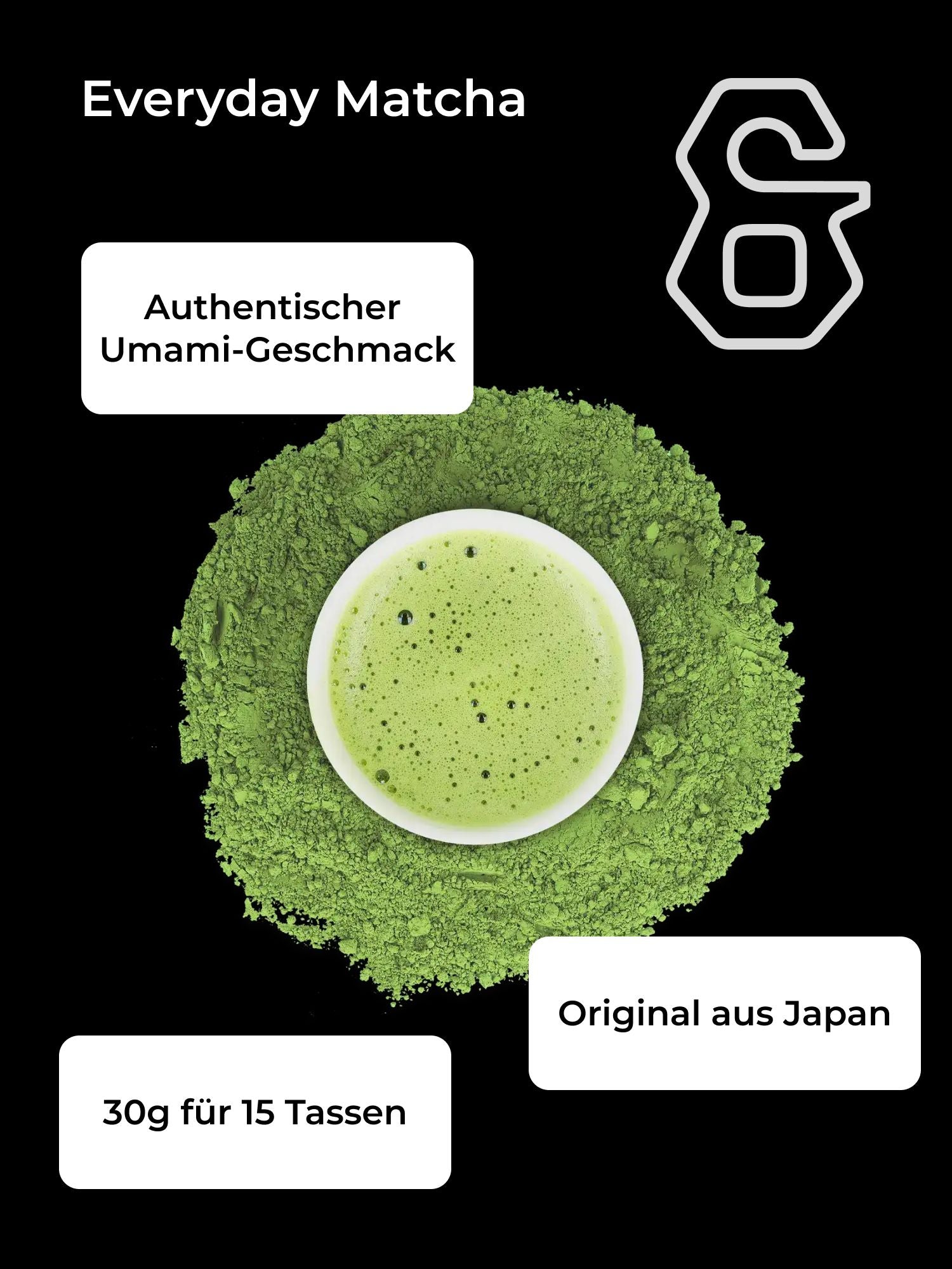 Weiße Tasse mit schaumigem Matcha-Tee, umgeben von Matcha-Pulver auf schwarzem Hintergrund.