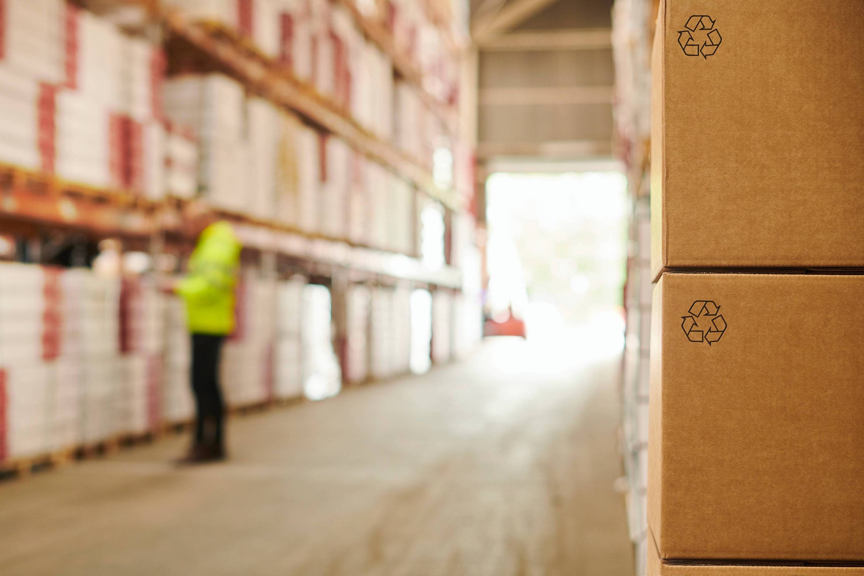 Lagergang mit hohen Regalen voller Pakete, Person prüft Recycling-Kartons