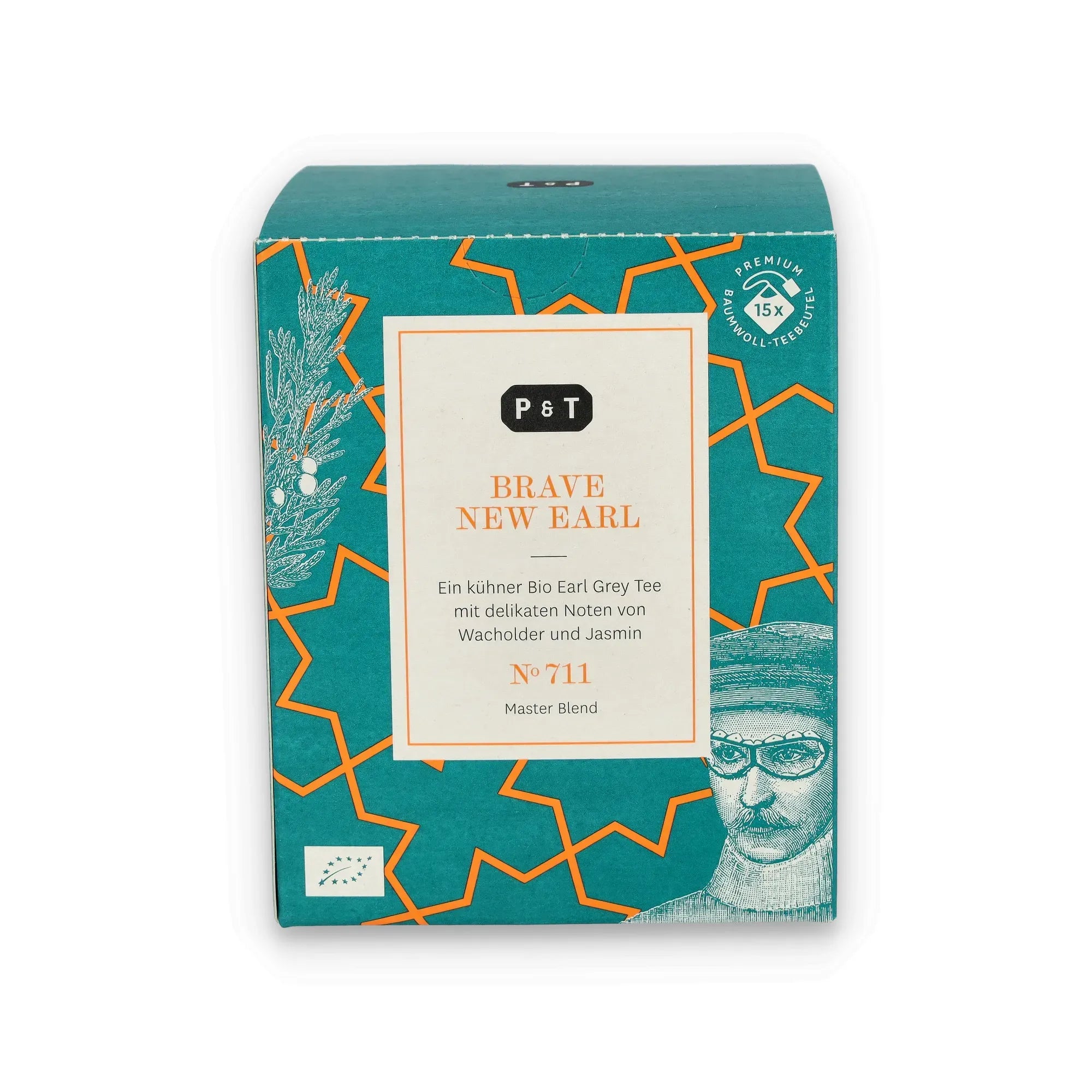 Tealfarbene P & T Brave New Earl Verpackung mit Sternmuster, Bio Earl Grey Tee, 15 Baumwoll-Teebeutel.