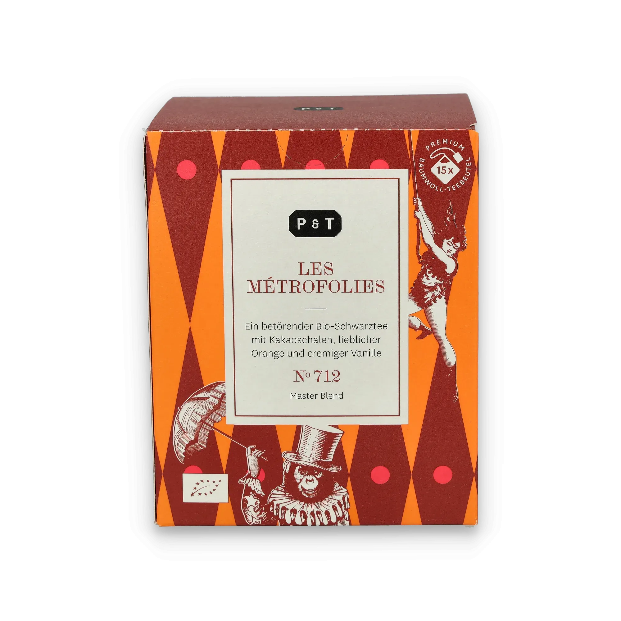 Orangene und dunkelrote Teeverpackung mit P & T LES MÉTROFOLIES Bio-Schwarztee, Affe mit Zylinder, tanzende Frau im flammenartigen Kleid.