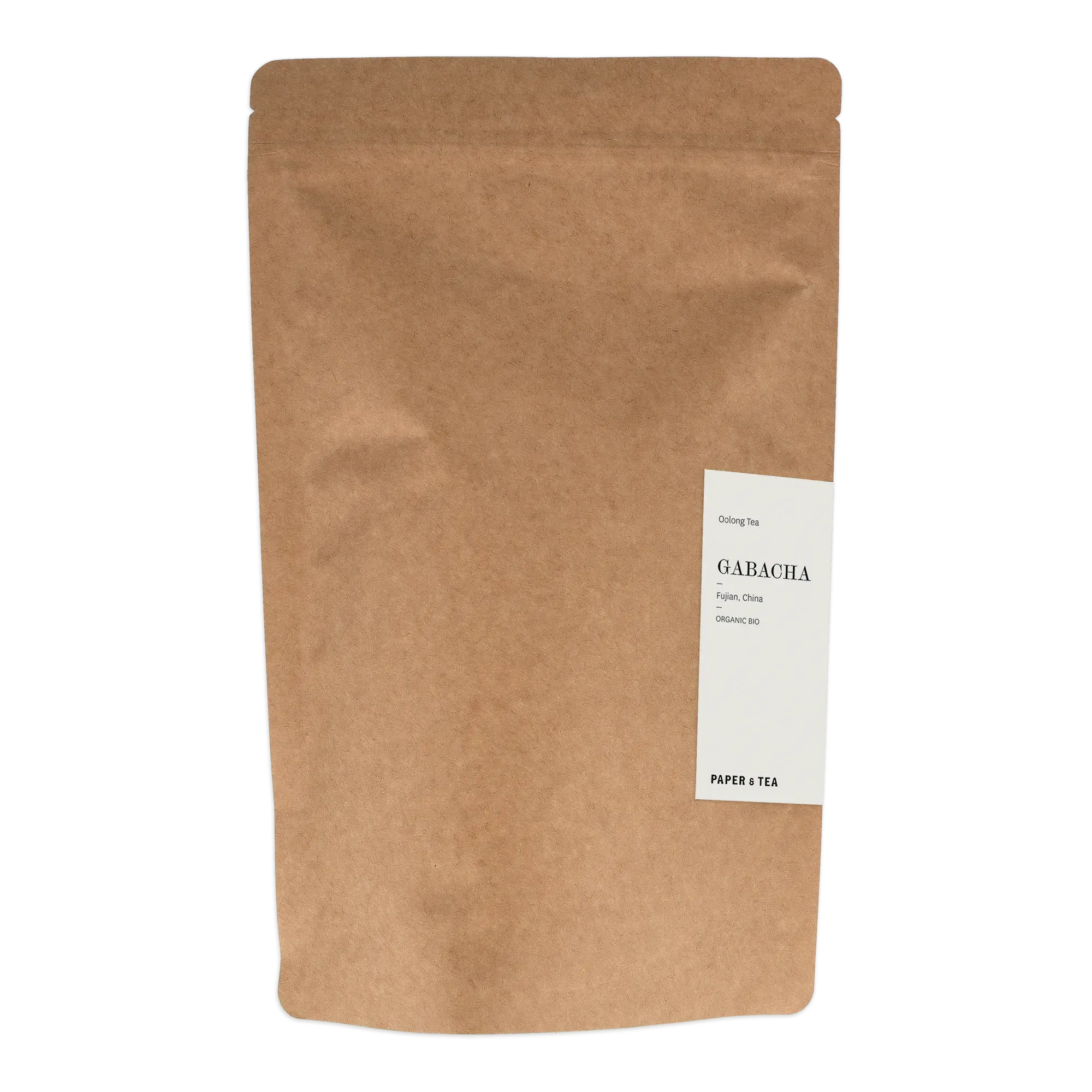 Braune Kraftpapier-Tasche mit Aufschrift "Oolong Tea GABACHA", biologisch aus Fujian, China, von PAPER & TEA.