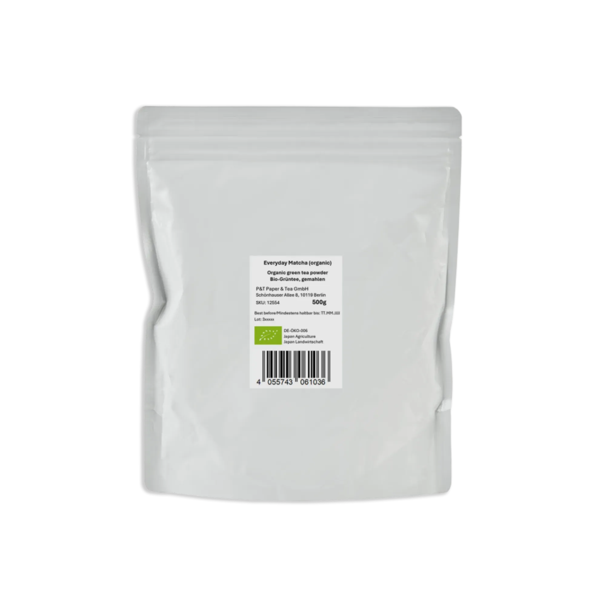 Weißer, wiederverschließbarer Beutel mit Etikett für Everyday Matcha, Bio-Grünteepulver, 500g, von P&T