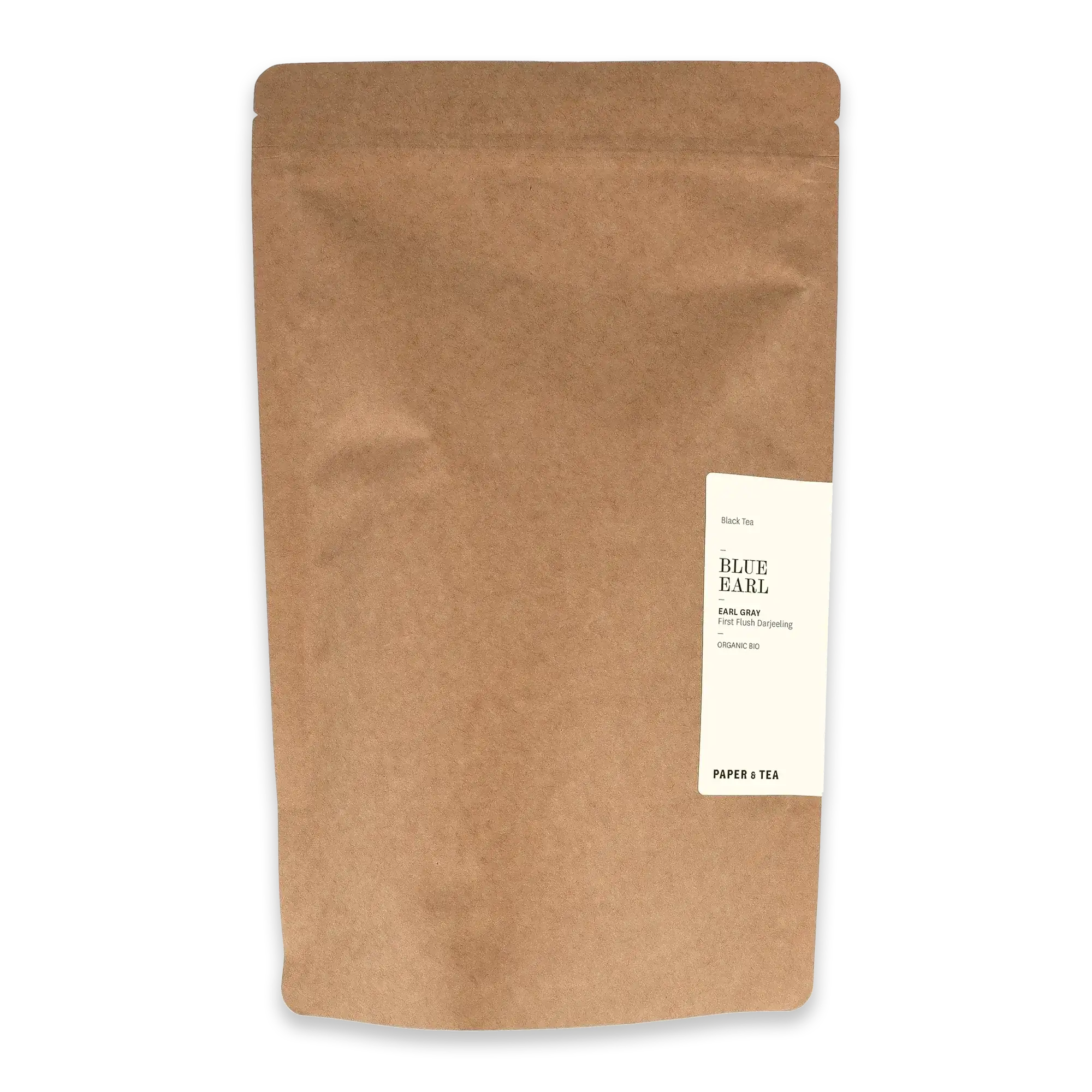 Braune Kraftpapierverpackung mit weißem Etikett von BLUE EARL Bio Earl Gray Darjeeling Schwarztee