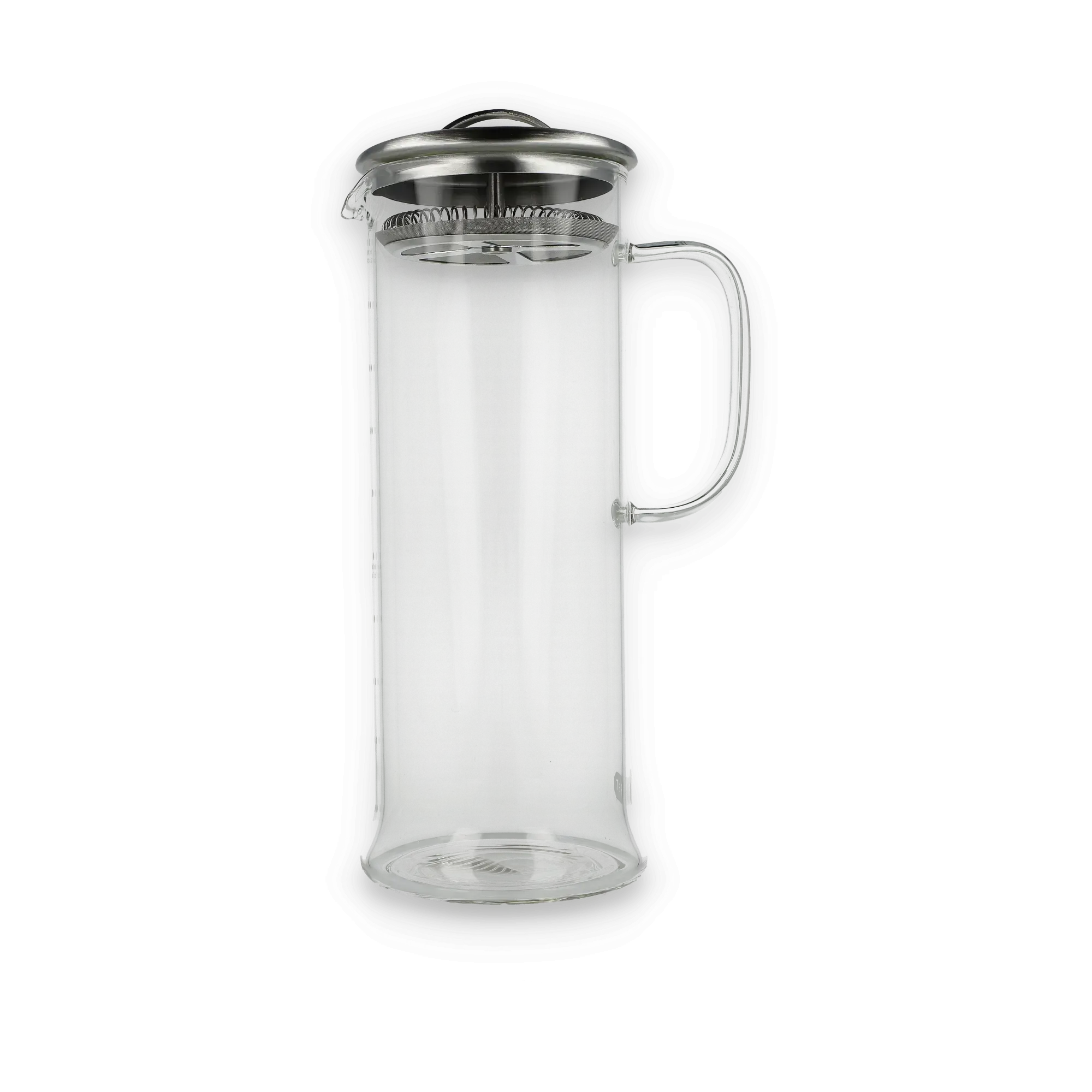 Transparenter French-Press-Kaffeebereiter aus Glas mit Metalldeckel vor schwarzem Hintergrund.