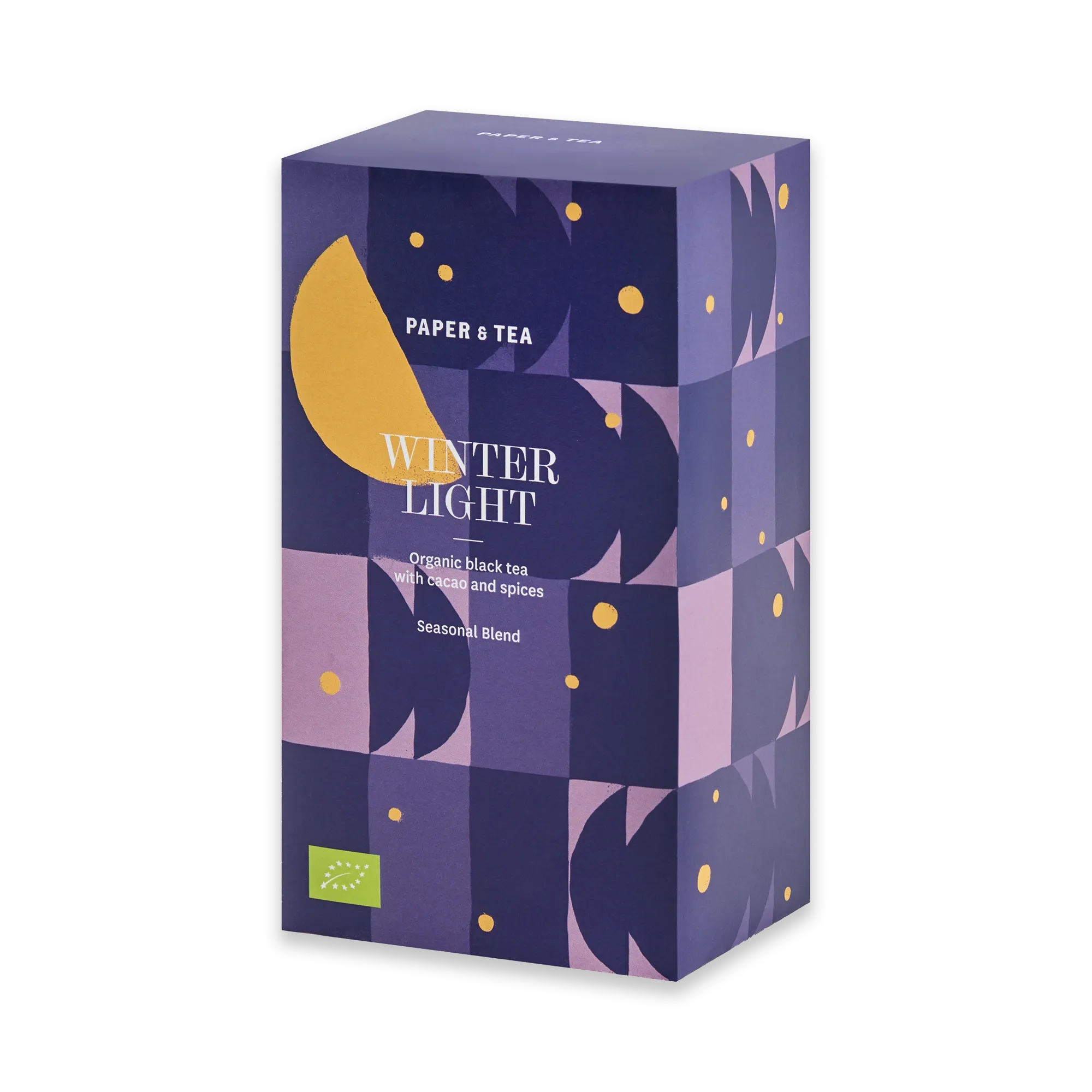 Violett-rosa Verpackung von PAPER & TEA Winter Light Bio-Schwarztee mit Kakao und Gewürzen, gelbe Akzente