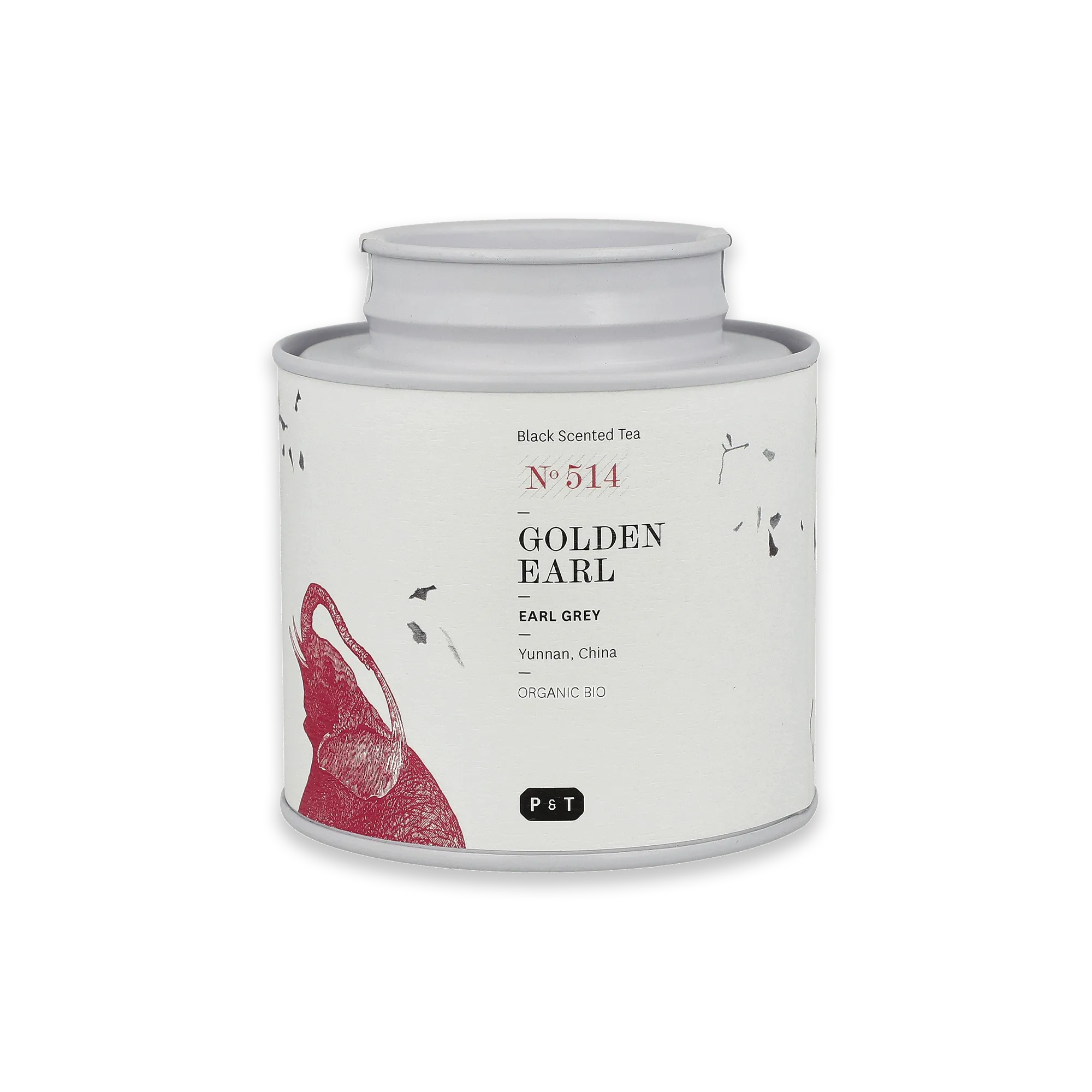 Weiße zylindrische Teedose mit Elefantenkopf und Aufschrift 'Golden Earl Earl Grey Bio Tee aus Yunnan'