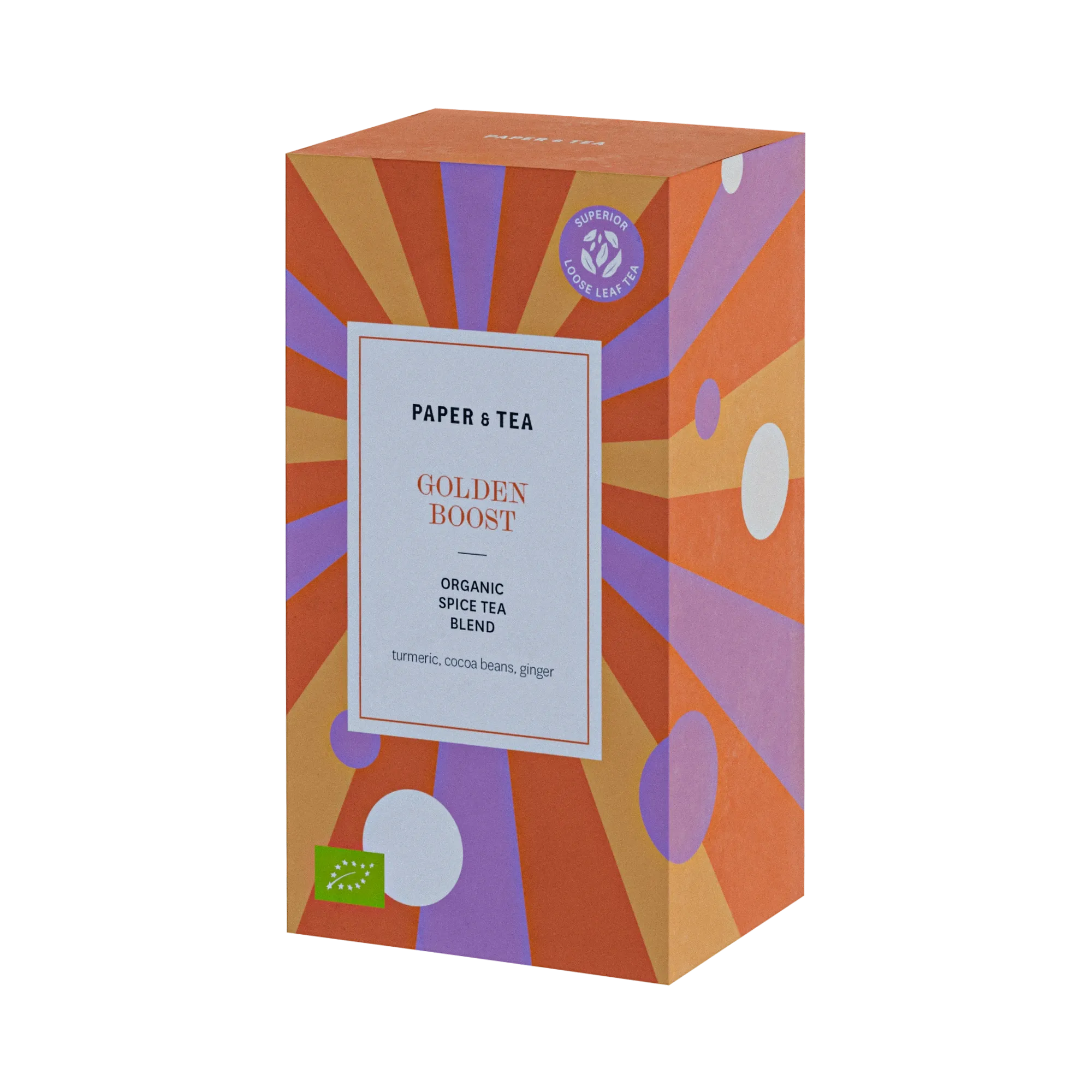 Verpackung von PAPER & TEA GOLDEN BOOST, biologischer Gewürztee mit Kurkuma und Ingwer.
