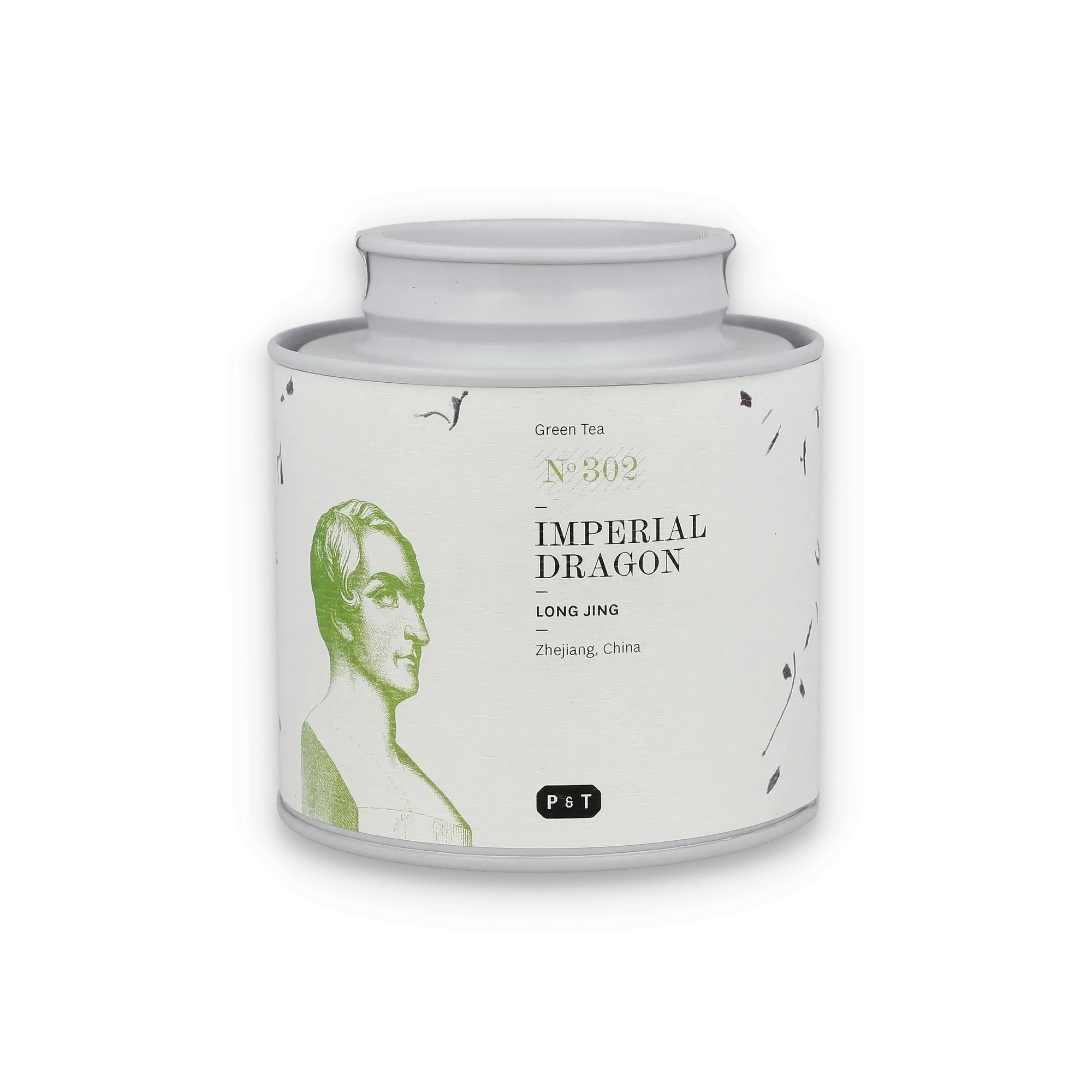 Weiße zylindrische Teedose, grünes Büstenmotiv, Schriftzug für Imperial Dragon Long Jing Tee, P & T.