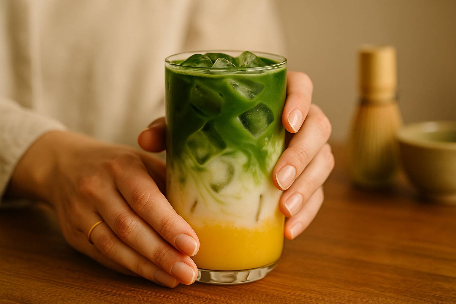 Ein Glas Eistee mit Schichten aus Gelbsaft, Milch und grünem Matcha, gehalten von Händen mit Goldring vor Holz.