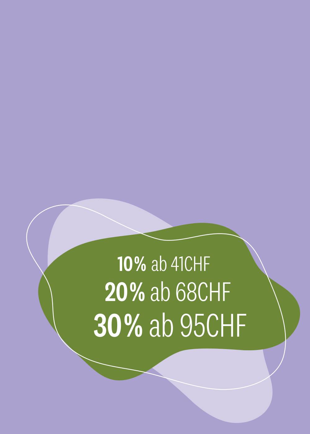 Minimalistisches Werbedesign mit grüner Form und gestaffelten Rabatten von 10 %, 20 %, 30 % vor lavendelfarbenem Hintergrund.