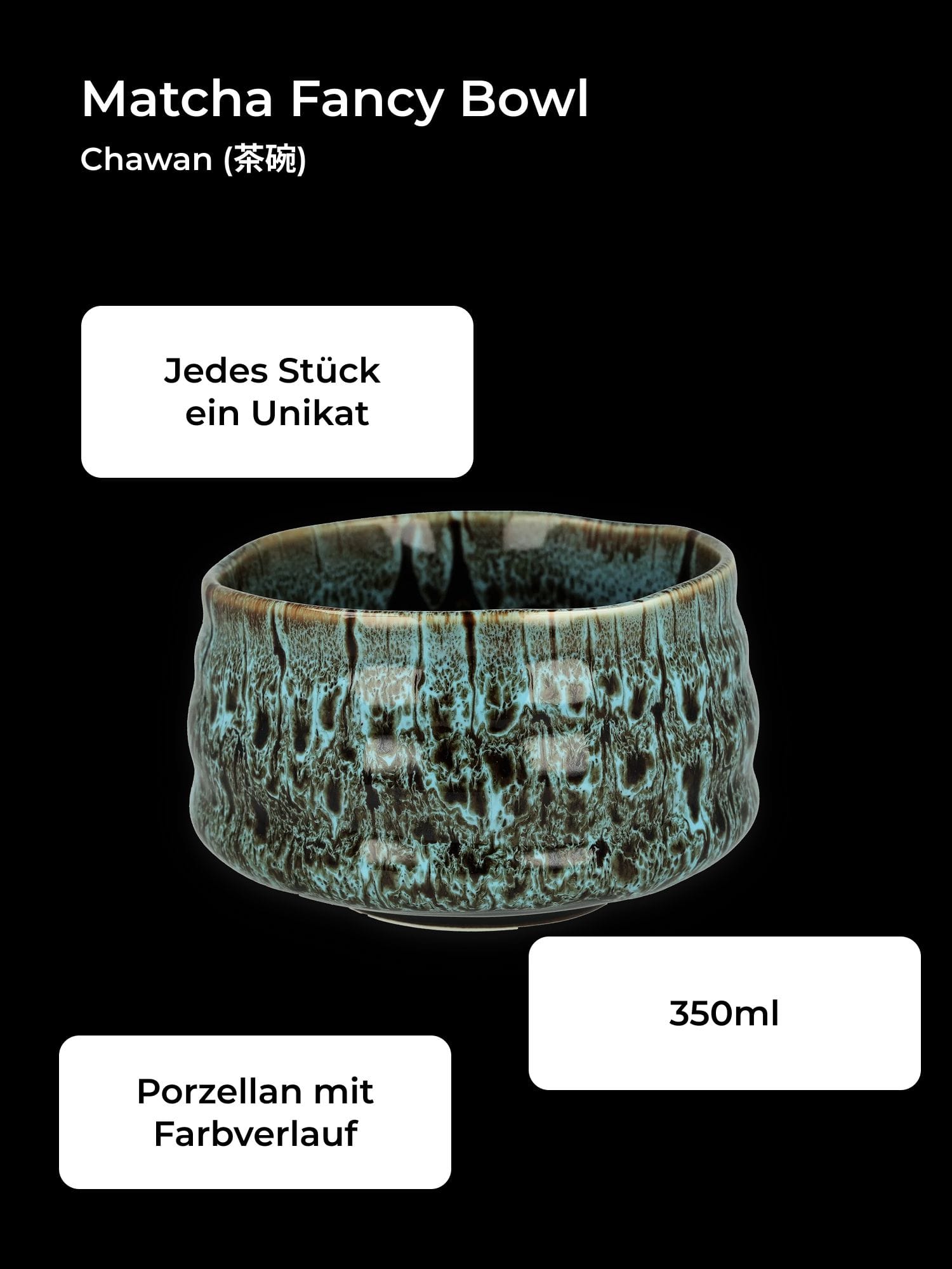 Ceramic Matcha Bowl mit texturierter Oberfläche und blau-grünem Farbverlauf, 350ml