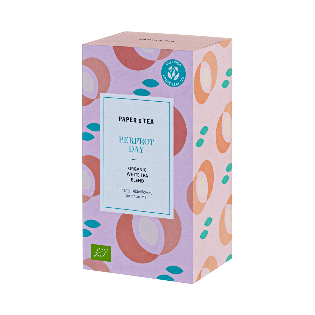 Verpackung der ORGANIC WHITE TEA BLEND von PAPER & TEA mit Mango, Holunderblüte und Pfirsich-Geschmack.